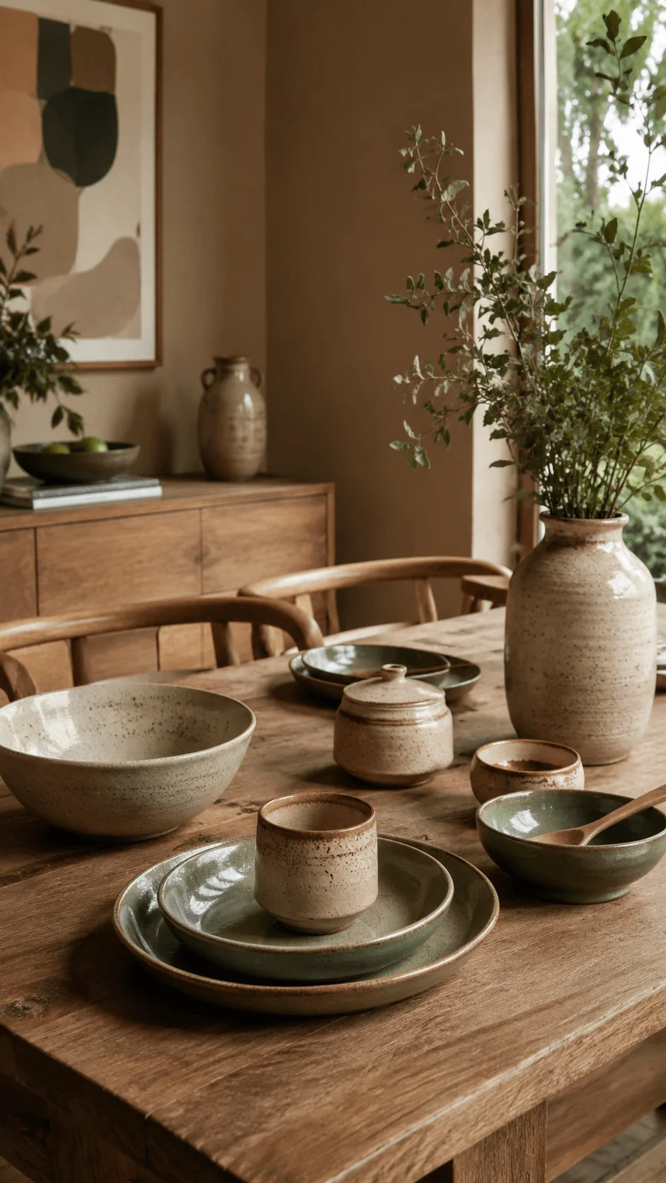 Handmade ceramic tableware on a reclaimed wood dining table with earthy green tones natural decor and leafy branches