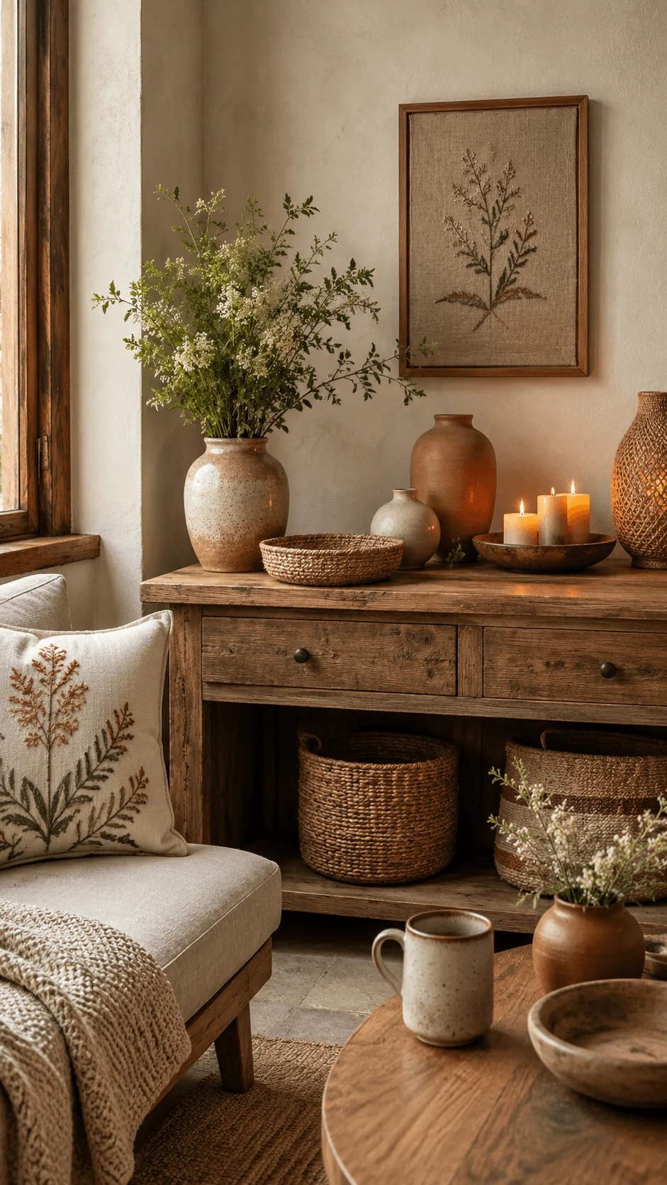 Handmade decor interior with ceramic vases woven baskets candles wooden furniture and natural textures creating a sustainable cozy home atmosphere