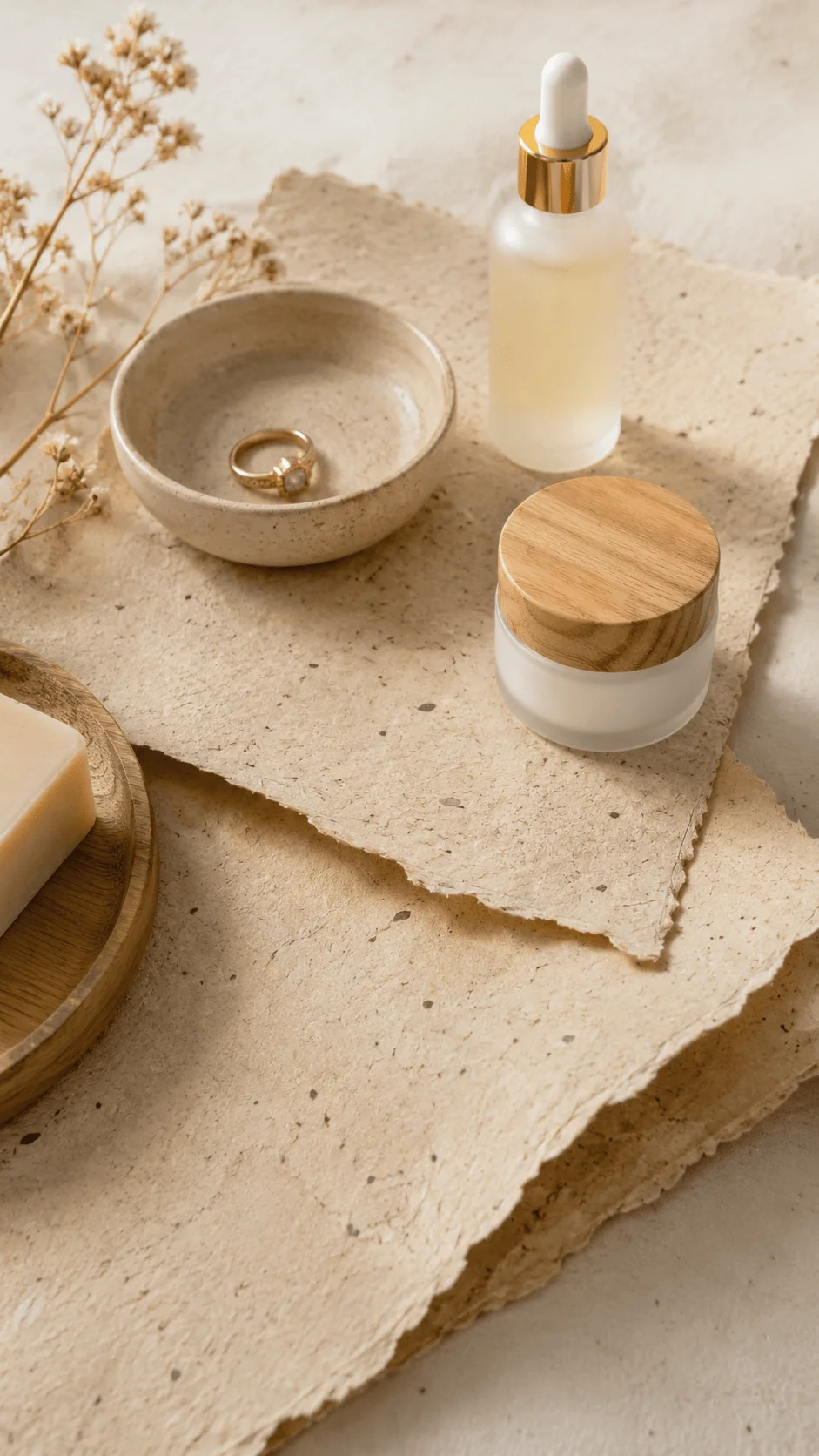 Handmade recycled paper background with skincare bottles ceramic bowl wooden container and dried flowers arranged in a natural sustainable photography setting
