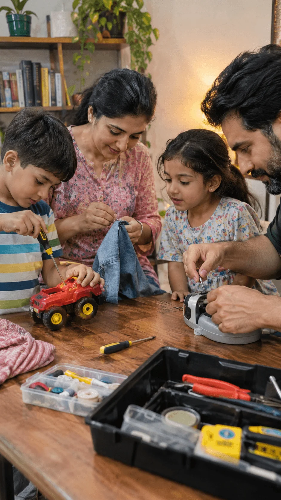Family repairing clothing and household items together at a table with tools and a sewing project during a repair afternoon