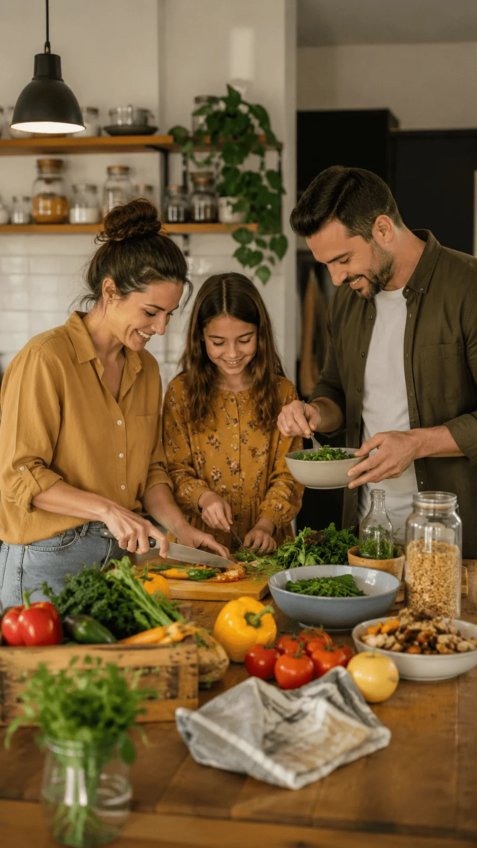 Family preparing a no waste kitchen meal with fresh vegetables and reusable food containers