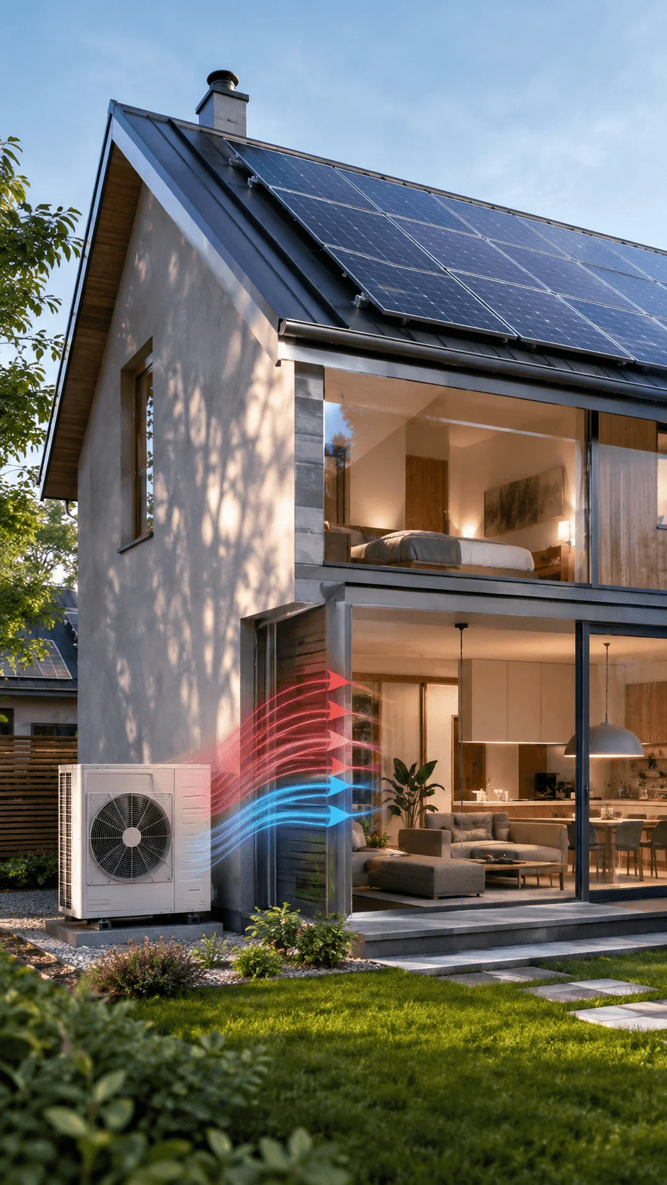 Heat pump system installed beside an eco friendly home with solar panels showing efficient heating and cooling airflow