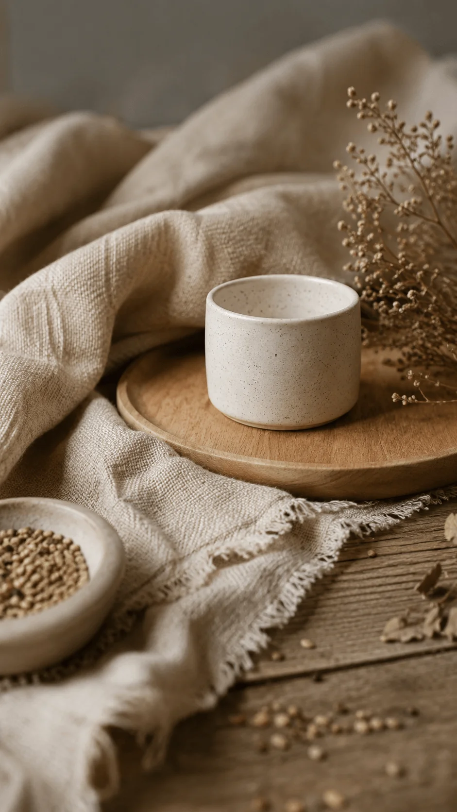Hemp fabric styled with a ceramic cup, wooden board, dried flowers, natural grains, and rustic textures in warm earthy tones for sustainable photography
