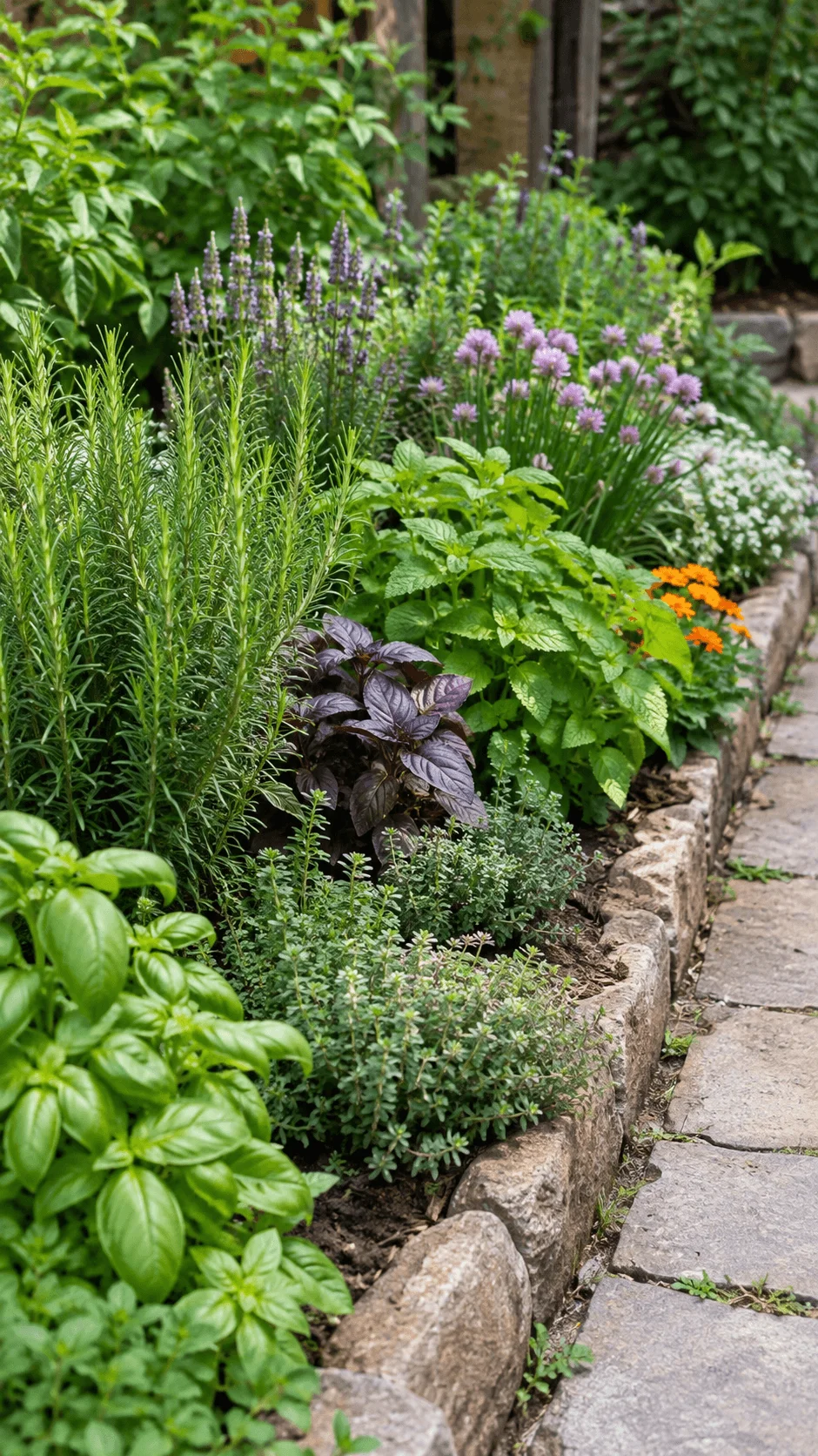 Herb garden border with basil rosemary thyme mint purple herbs and flowering plants beside a natural stone pathway