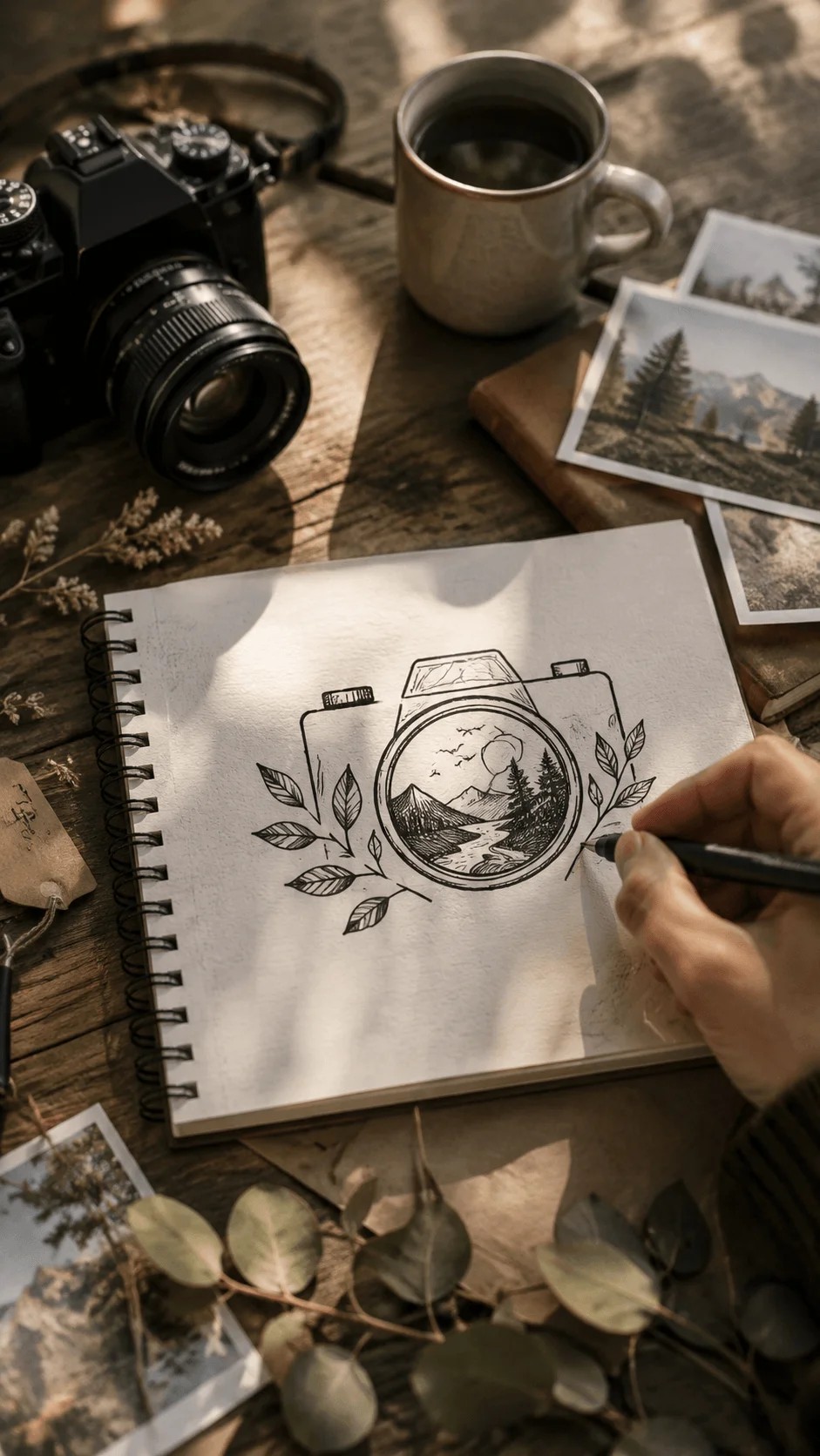 Hidden storytelling photography logo sketch featuring a camera with a mountain landscape, river, and botanical elements being drawn on a notebook beside photos, coffee, and natural textures