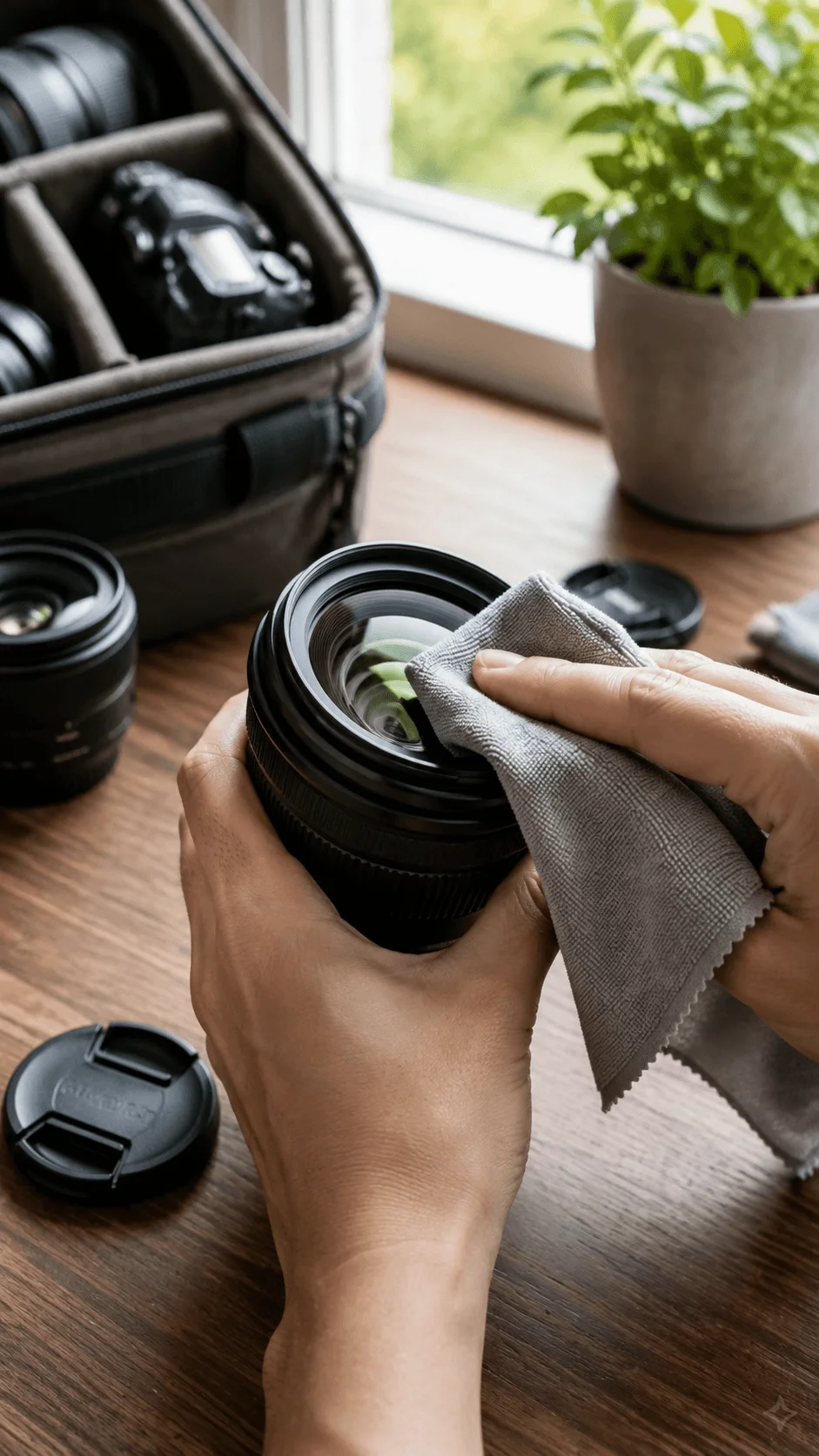 Person cleaning a camera lens with a microfiber cloth beside a camera bag lenses and green plant on a wooden table