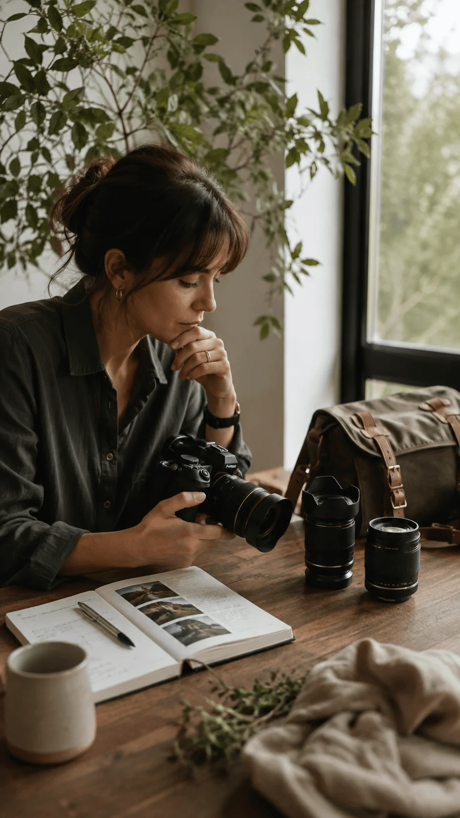 Photographer comparing camera lenses beside a camera bag notebook coffee cup and green plants on a wooden table near a window