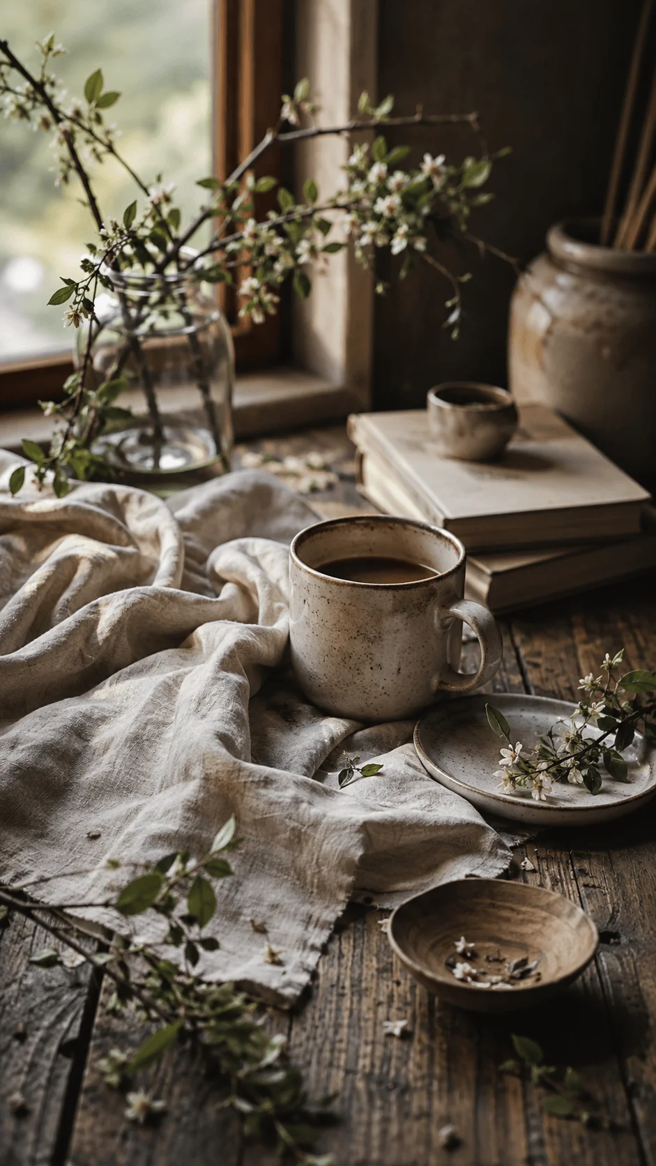 Imperfect natural composition with ceramic cups, linen fabric, flowering branches, vintage books, and rustic wooden textures in soft natural light.