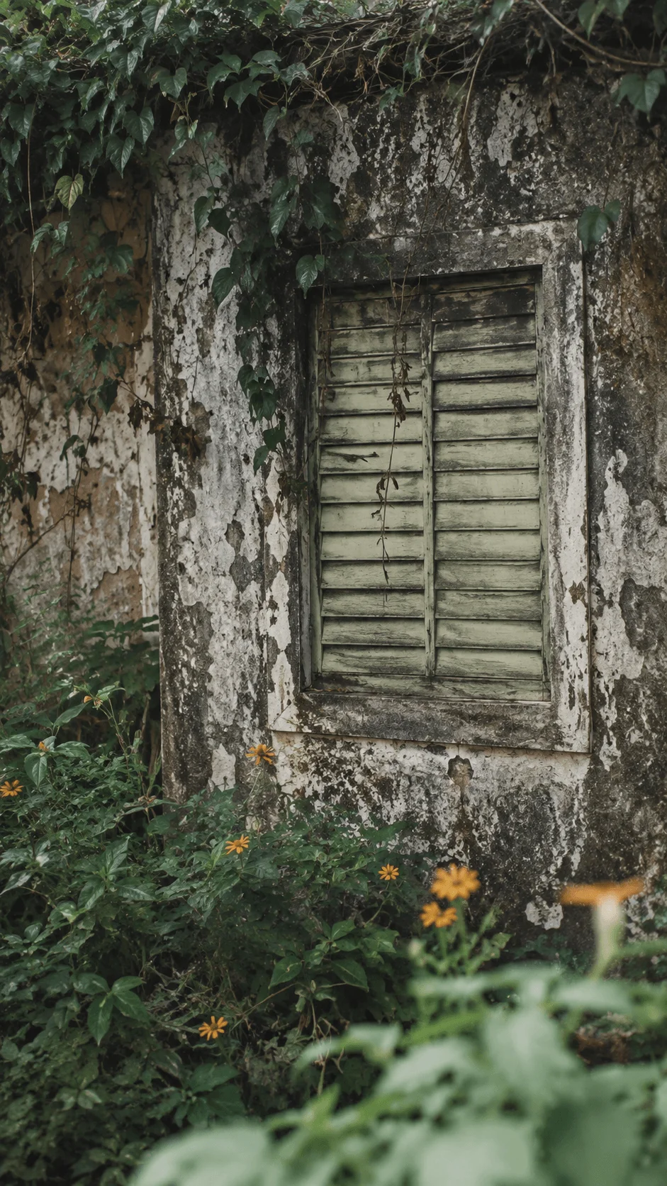 Weathered wooden window on an aged stone wall surrounded by lush greenery and yellow wildflowers