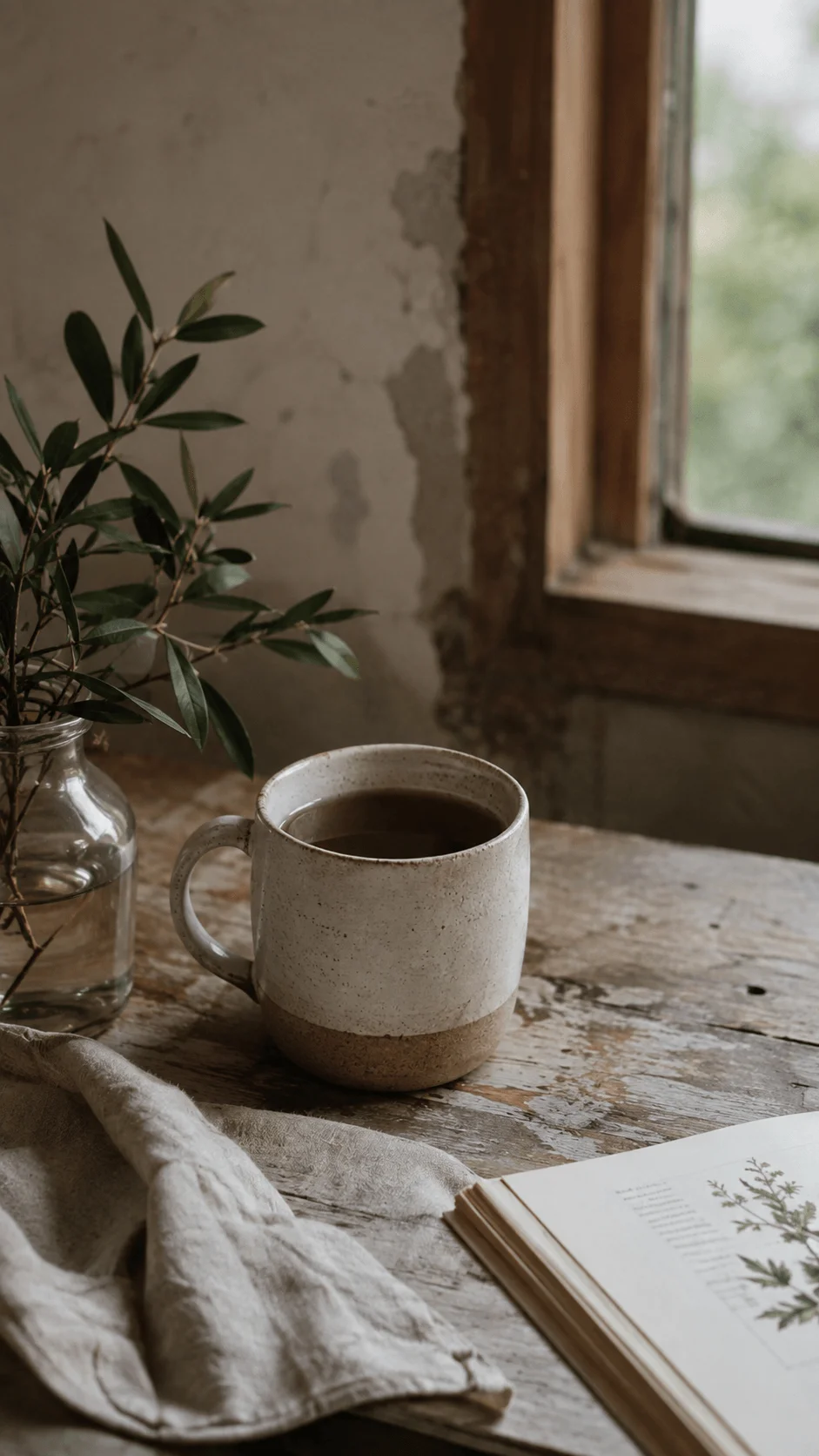 Imperfect and authentic photography scene with a ceramic cup of coffee, leafy branch in a glass vase, linen cloth, and open book on a rustic wooden table beside an old window