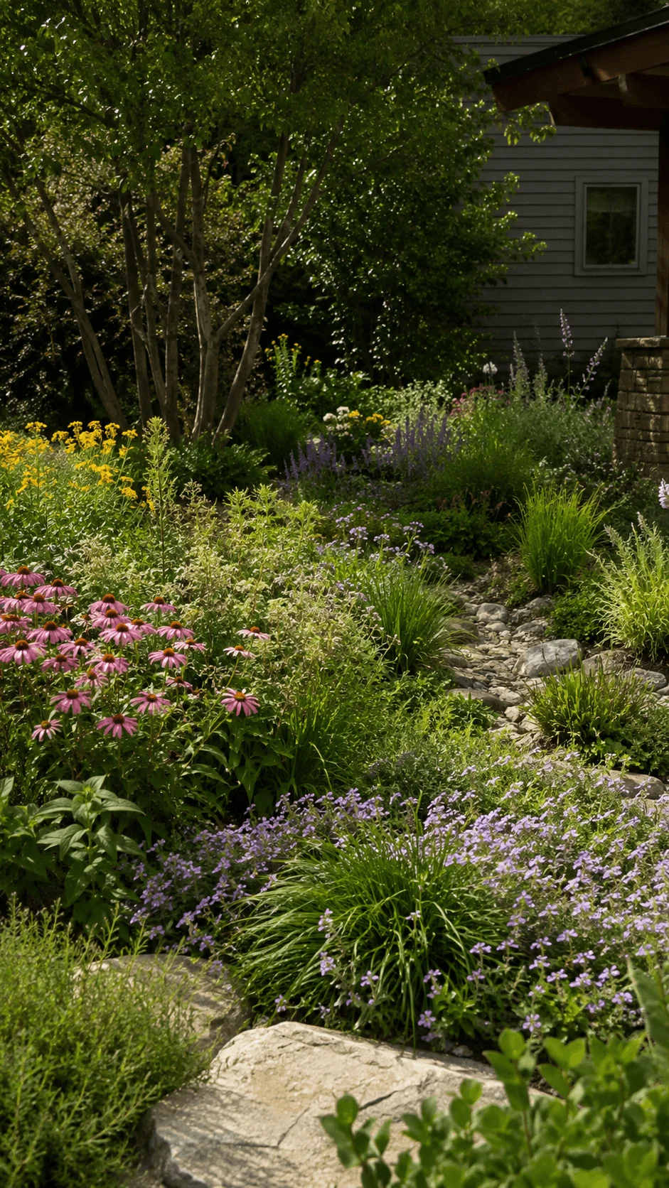 Keystone native plant garden with colorful coneflowers native grasses flowering perennials rocks and lush sustainable landscaping