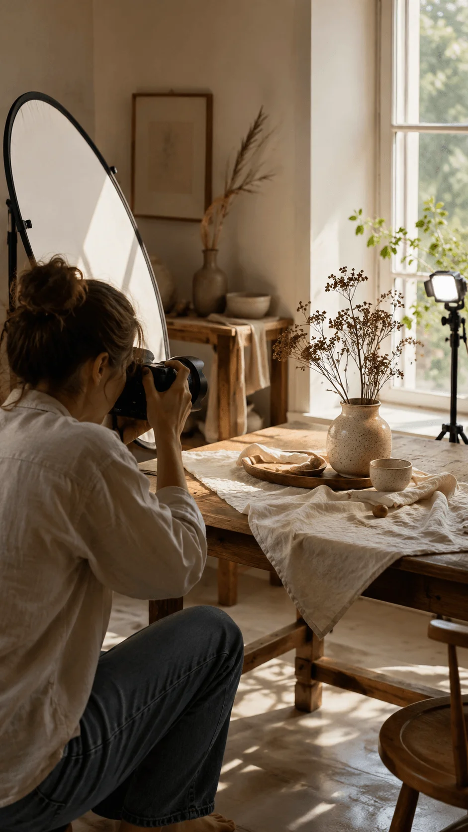 Photographer creating layered natural lighting setup with camera reflector soft window light plants and minimalist wooden interior styling
