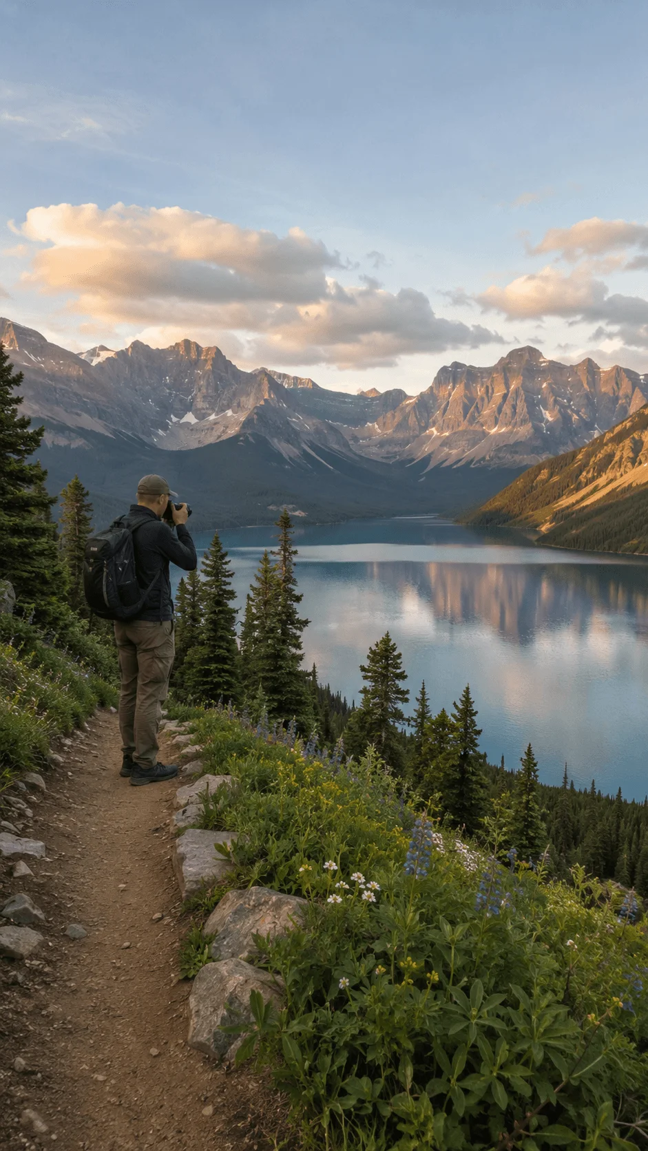 Leave no trace photography quotes featuring a photographer capturing a mountain lake landscape with pine forests wildflowers and peaceful outdoor scenery