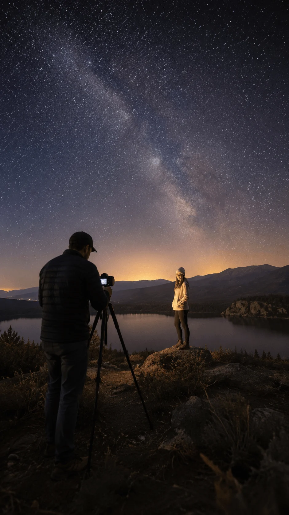 Photographer capturing night landscape under a star filled sky with minimal lighting mountains lake and natural low light environment