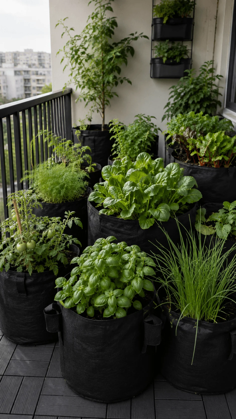 Lightweight grow bags filled with basil lettuce chives tomatoes and other edible plants in a small sustainable apartment balcony garden
