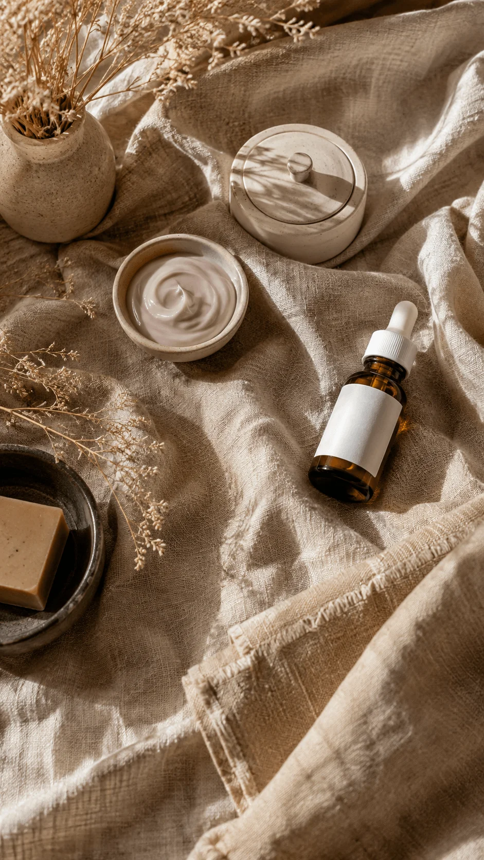 Linen and hemp fabric backdrop with ceramic containers skincare bottle handmade soap and dried flowers arranged in a natural sustainable photography composition