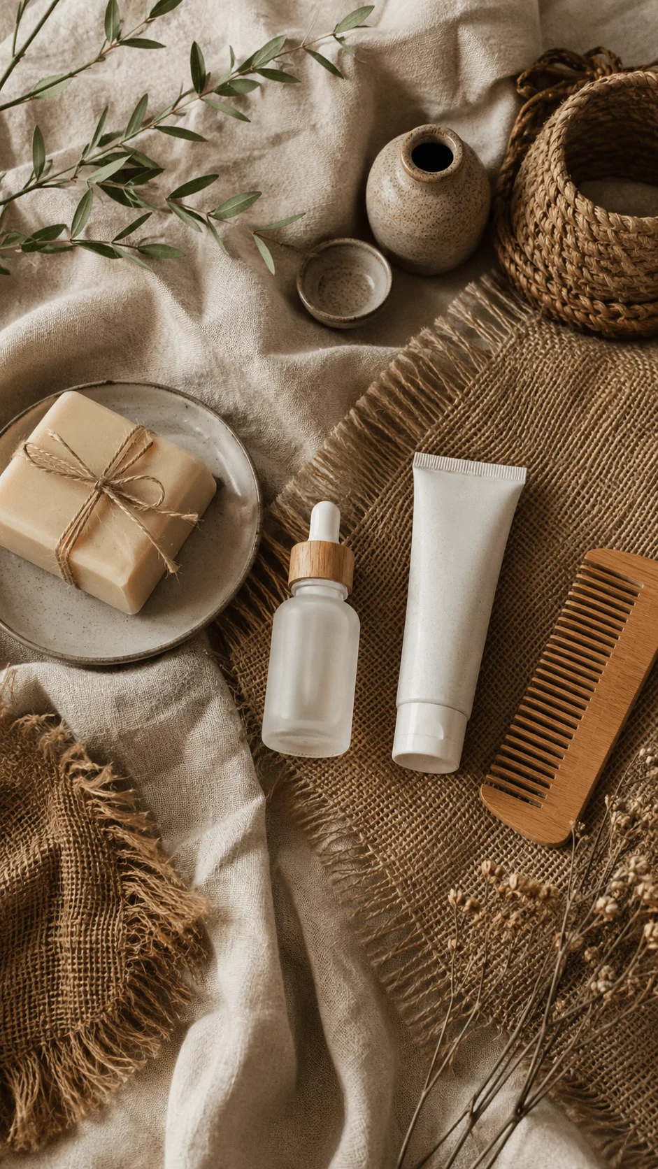 Linen and jute photography textures styled with natural skincare products, handmade soap, a wooden comb, ceramic vessels, woven basket, greenery, and dried botanicals in earthy tones