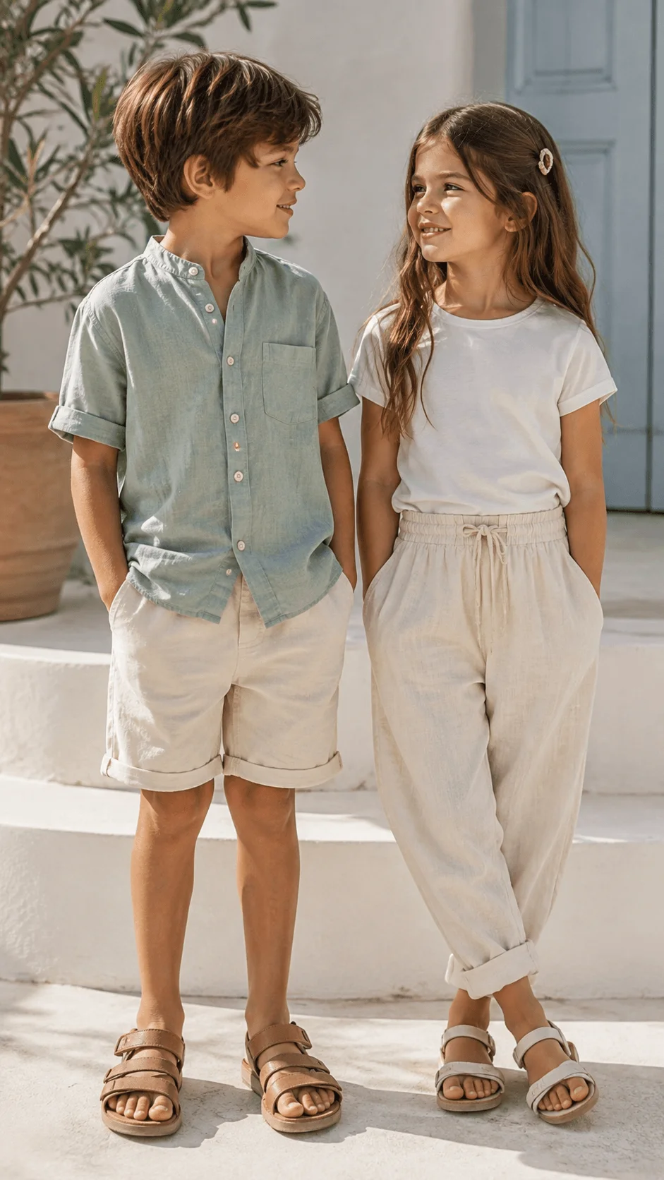 Two children wearing light linen and organic cotton summer outfits with sandals outdoors
