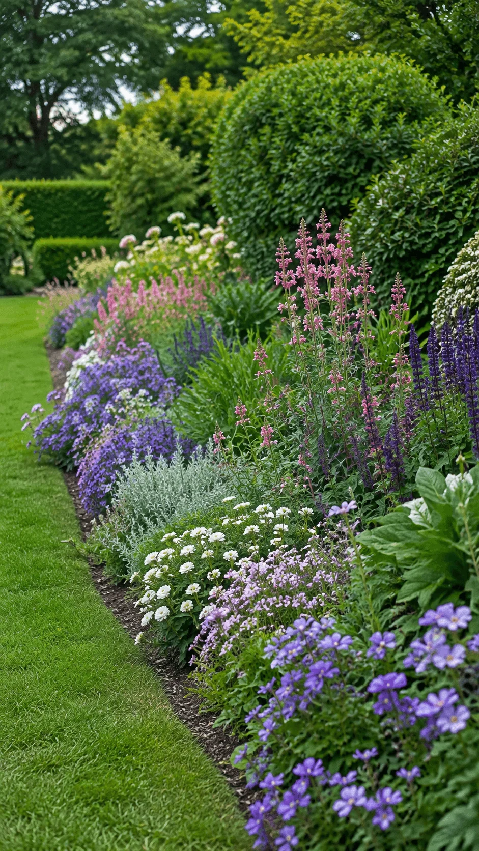 Living flower border with purple pink and white blooms creating a colorful natural edge along a lush green lawn