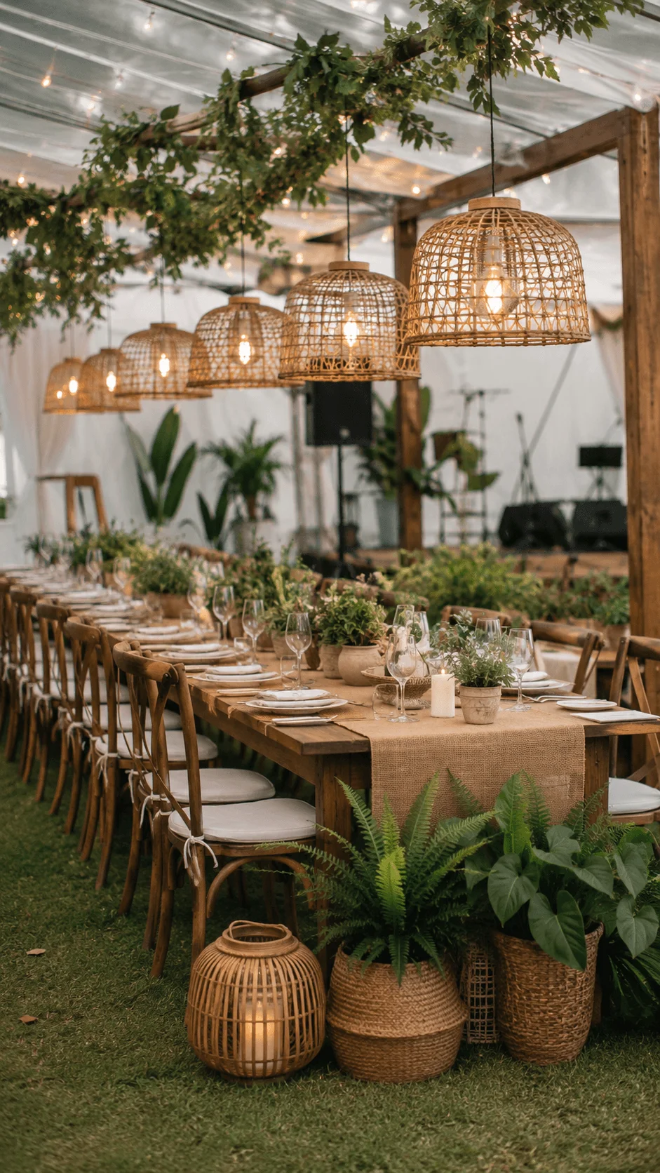 Living and rental event decorations featuring reusable wooden furniture potted plants woven lighting and natural sustainable materials