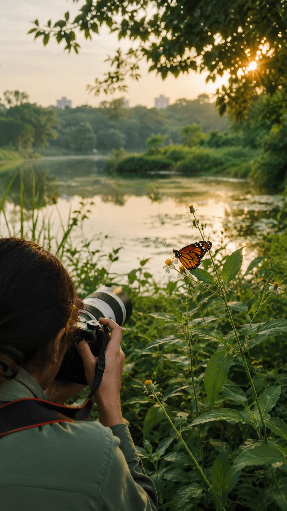 Local biodiversity photography with a photographer capturing a monarch butterfly on wildflowers beside a lush pond in warm natural sunlight.