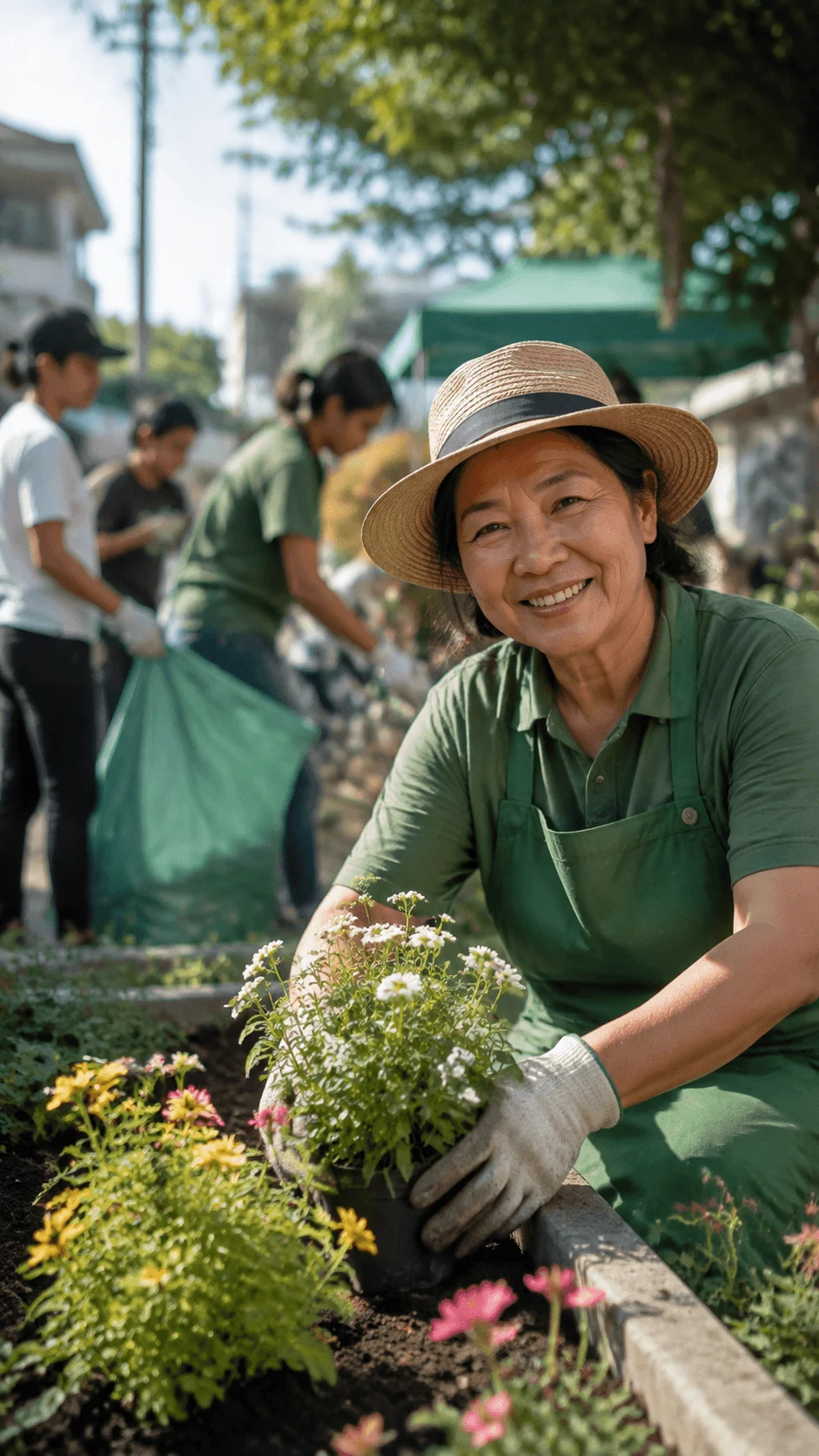 Community members planting flowers together in a local garden promoting sustainability and environmental awareness