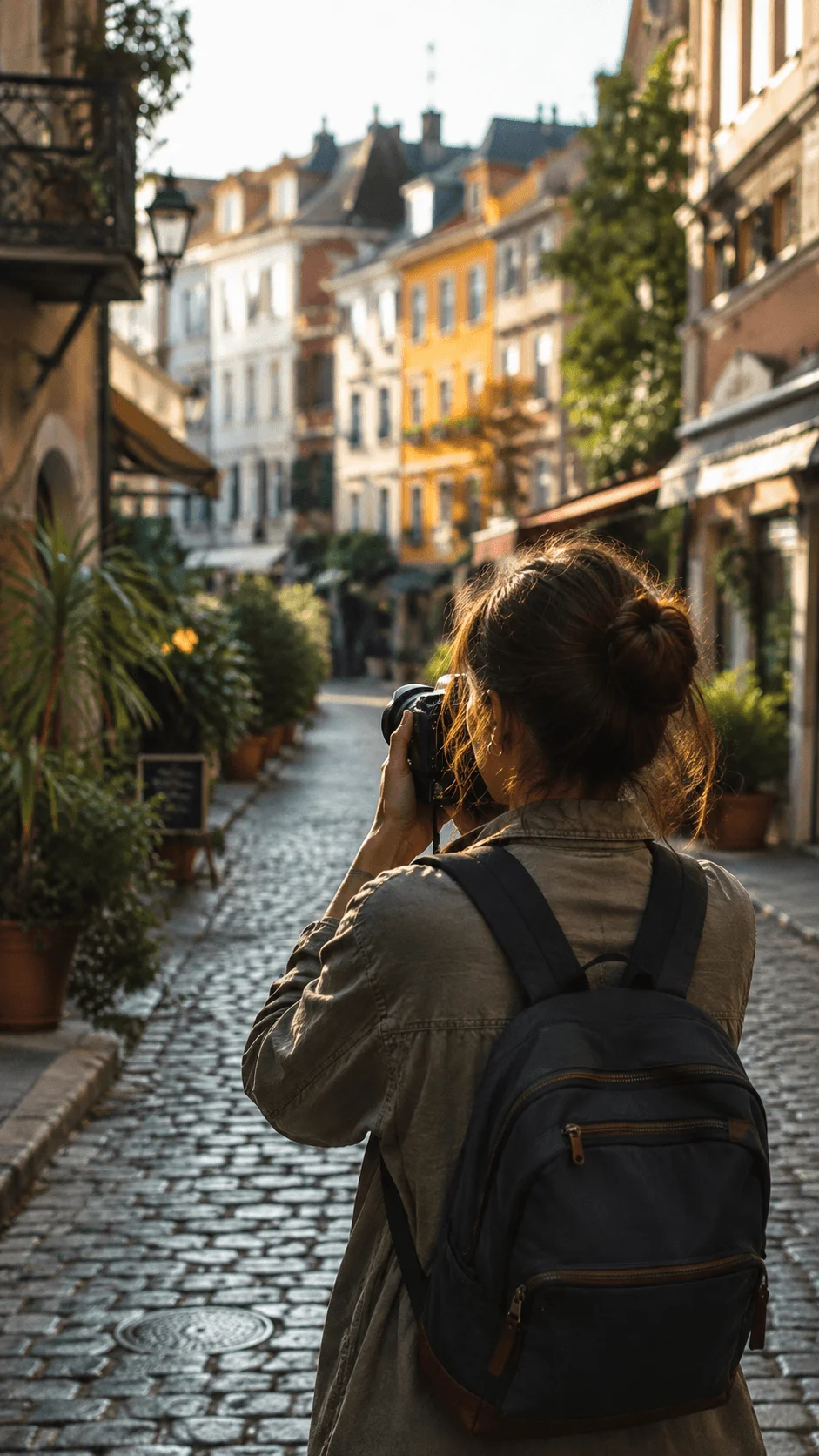 Photographer taking pictures on a cobblestone street lined with colorful historic buildings and plants