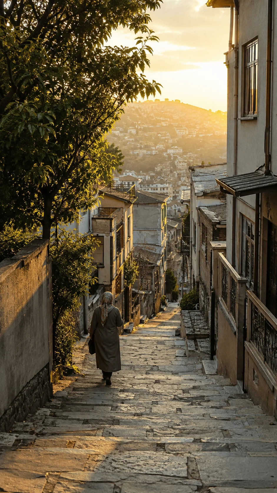 Local and low travel photography showing a person walking down a historic stone street in a hillside neighborhood at golden hour with trees and densely packed buildings in the background.