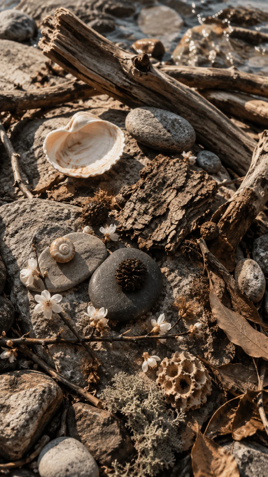 Locally sourced natural materials including driftwood stones shells leaves flowers and natural textures arranged in an outdoor sustainable photography composition