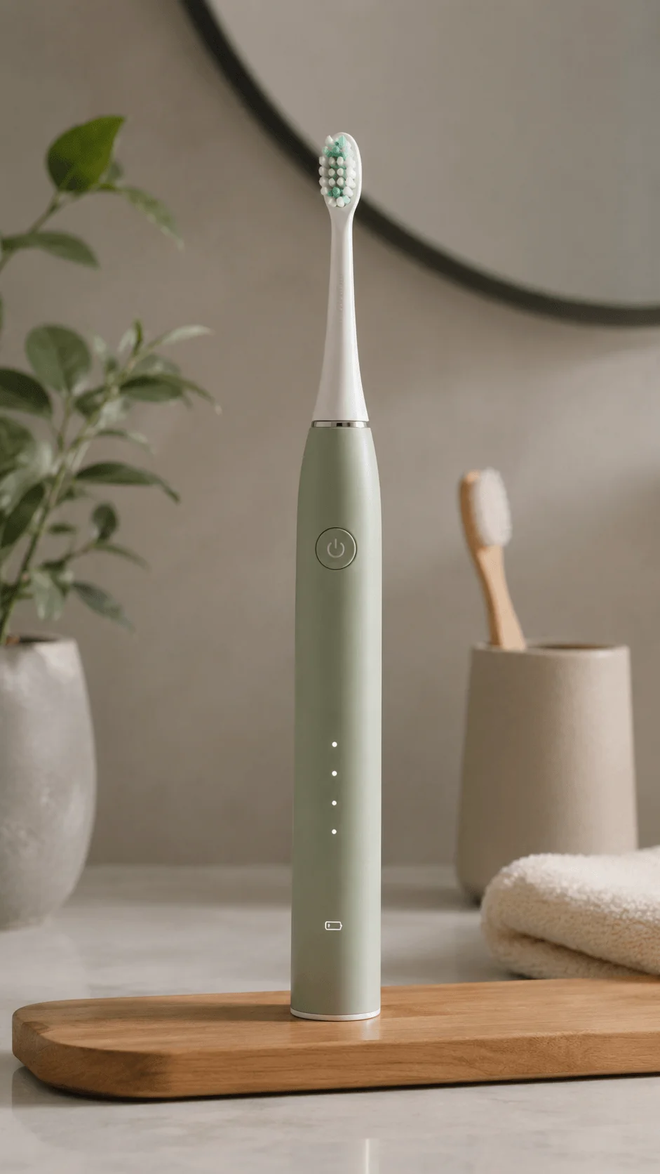 Sage green electric toothbrush with long battery life indicator displayed on a wooden tray in a minimalist bathroom