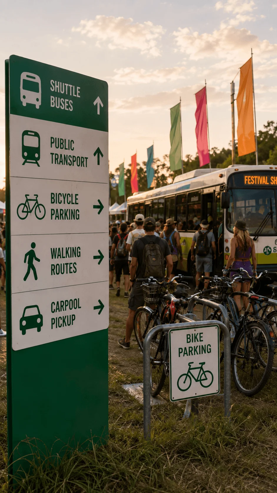 Low carbon festival transportation hub with shuttle buses public transport bicycle parking walking routes and carpool options