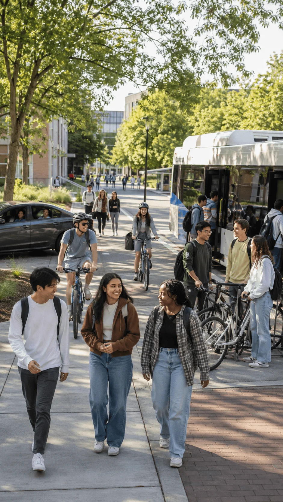 College students using low carbon transportation on campus including walking cycling public transit and carpooling