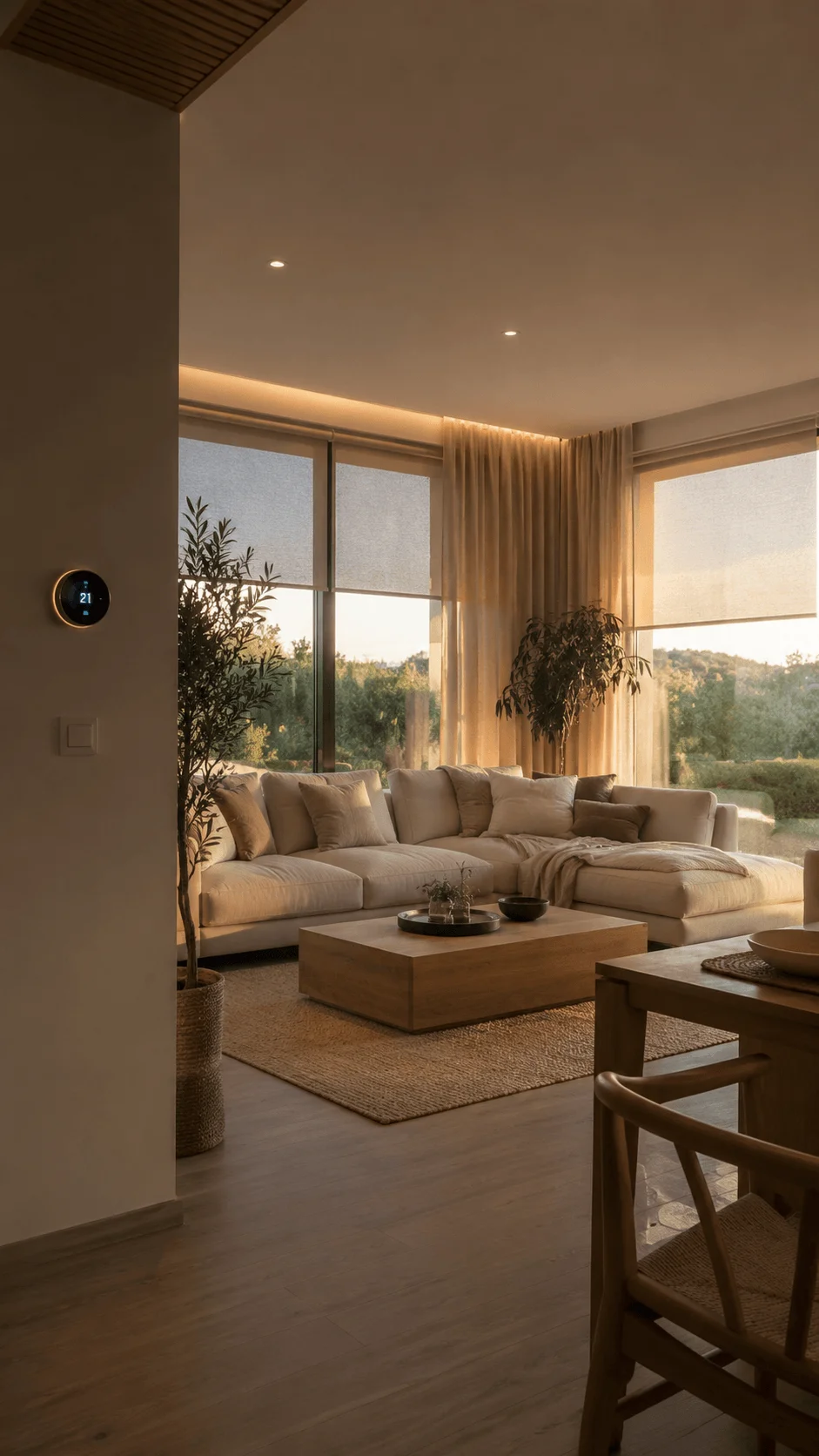 Low energy smart home interior with automated lighting smart climate control large windows plants and modern sustainable living design
