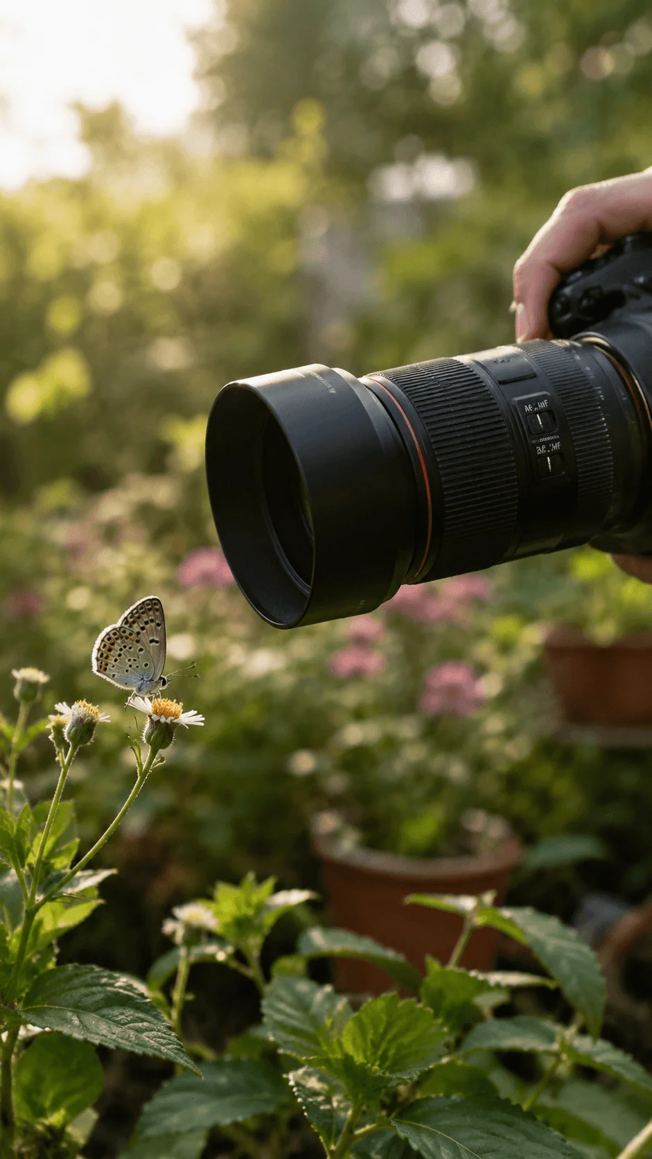 Photographer using a macro lens to capture a butterfly resting on small flowers in a sunlit garden
