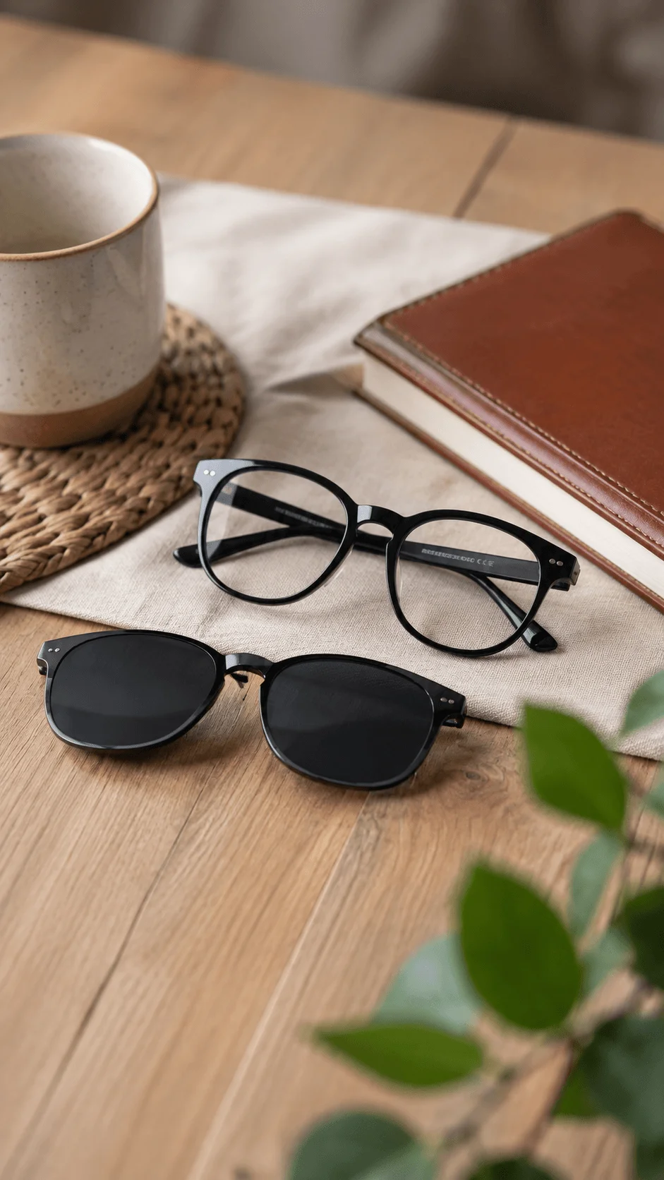 Magnetic clip on sustainable glasses displayed on a wooden table with a ceramic cup, notebook, and greenery