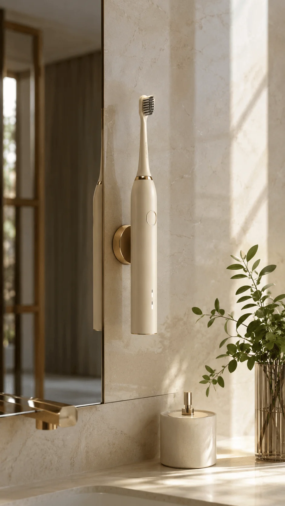 Electric toothbrush attached to a magnetic wall mount beside a bathroom mirror in a warm minimalist bathroom setting