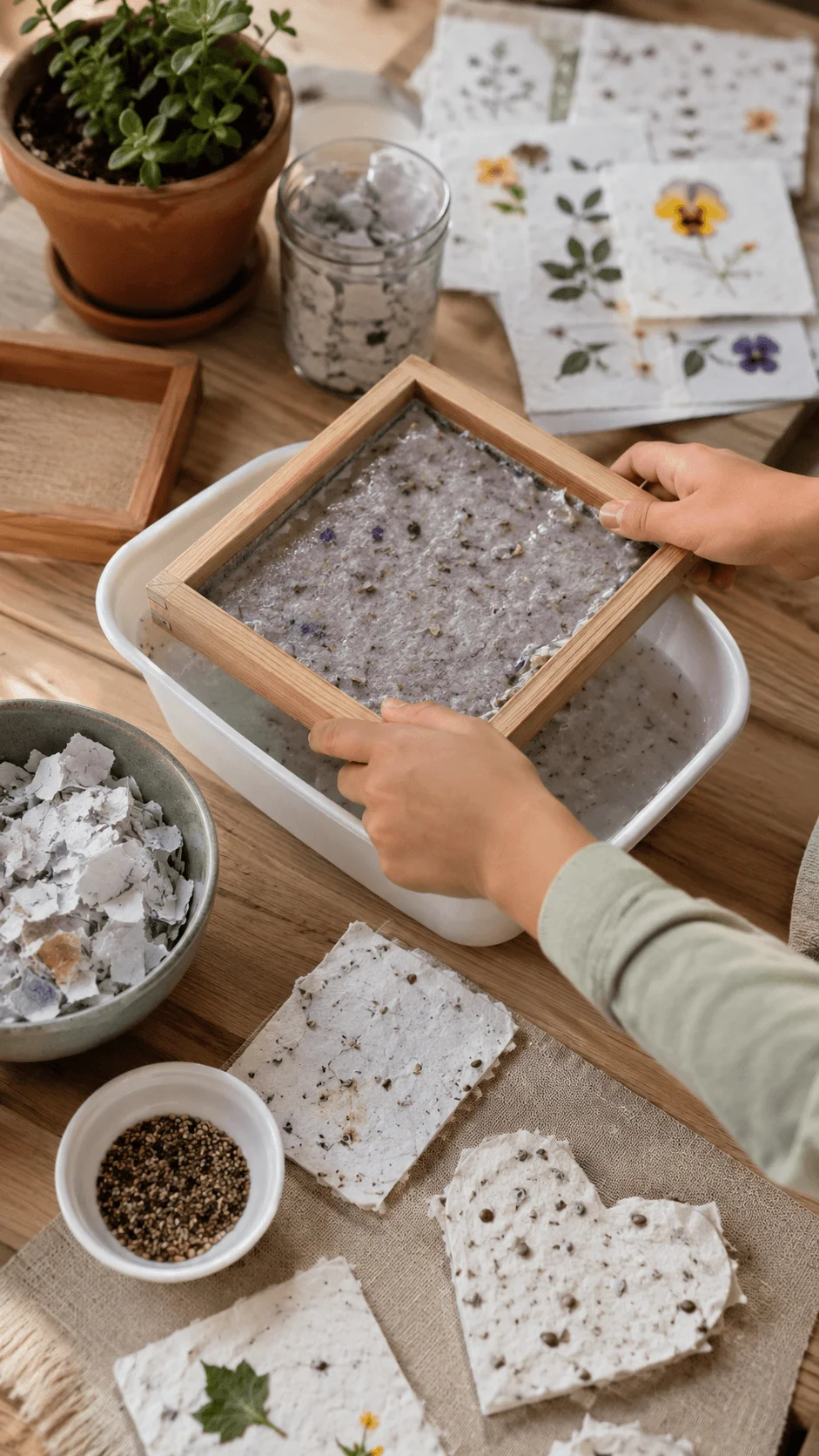 Hands making DIY seed paper with recycled paper pulp and flower seeds for a sustainable gardening craft