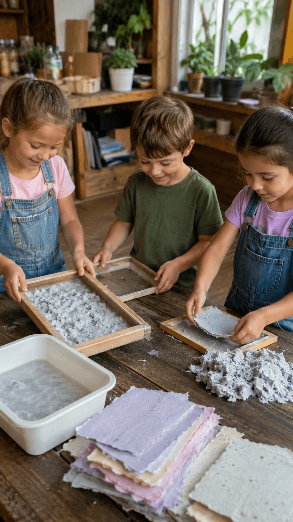 Children making recycled paper from used paper pulp using wooden frames and water at a classroom table