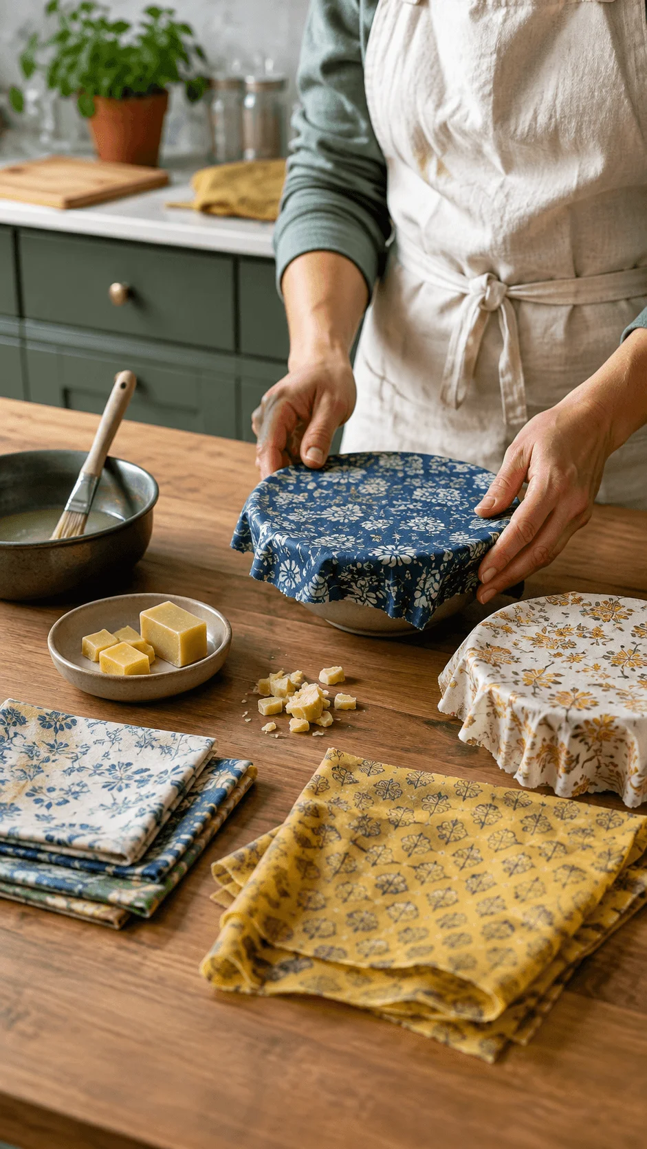 Person making reusable food wraps with patterned fabric, beeswax pieces, and kitchen supplies on a wooden table