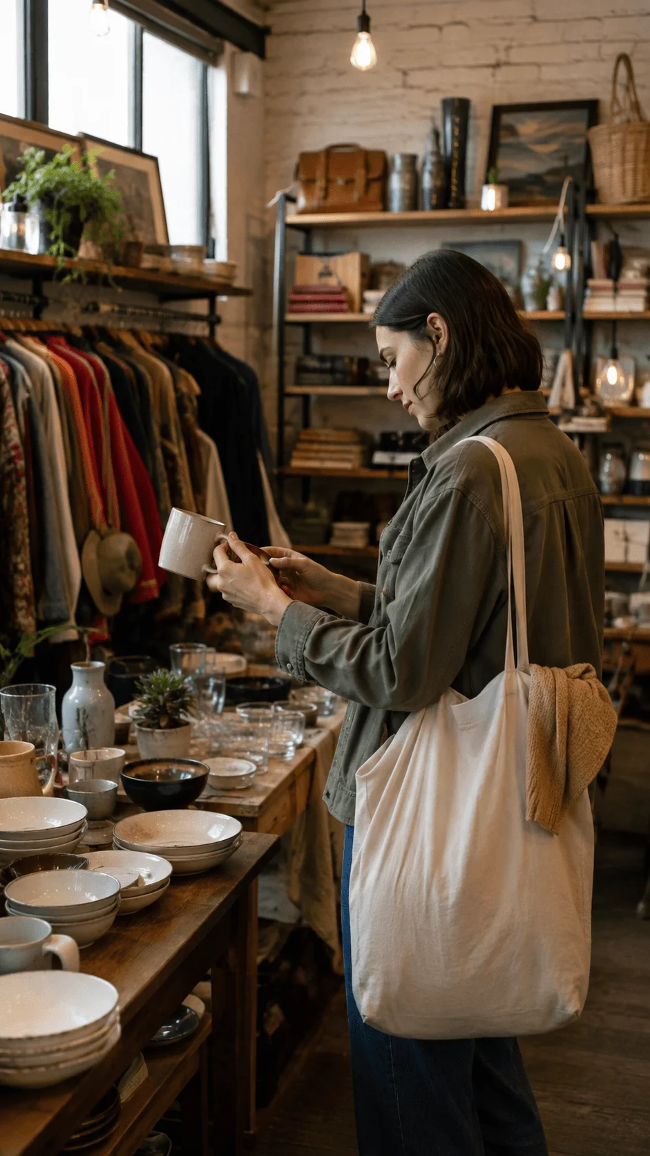 Woman shopping for secondhand homeware with a reusable tote bag in a thrift store