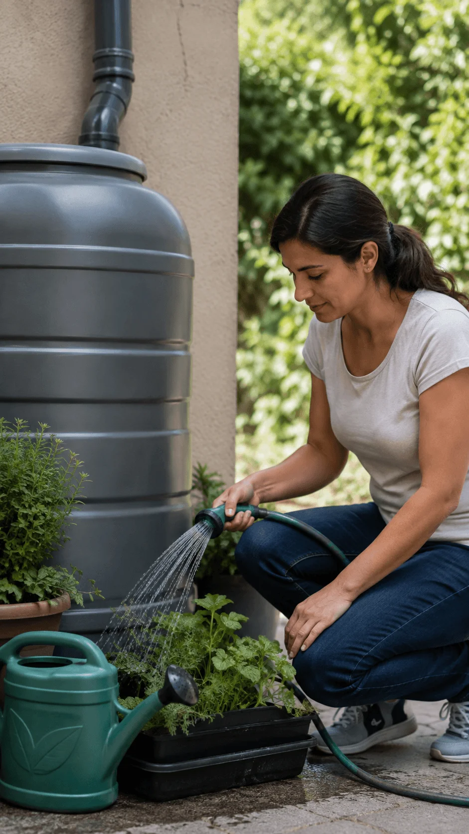 Woman watering plants beside a rainwater collection barrel as part of everyday water conservation