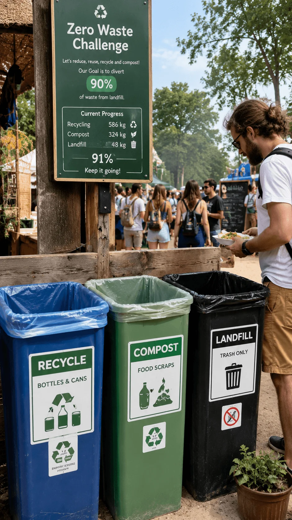 Zero waste challenge at an outdoor festival with recycling compost and landfill bins displaying measurable waste reduction progress