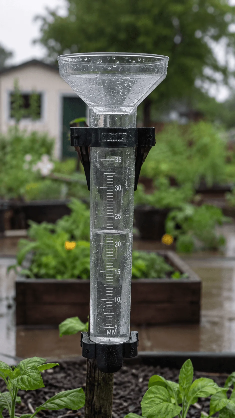 Rain gauge measuring rainfall in a garden with water droplets and green plants in the background