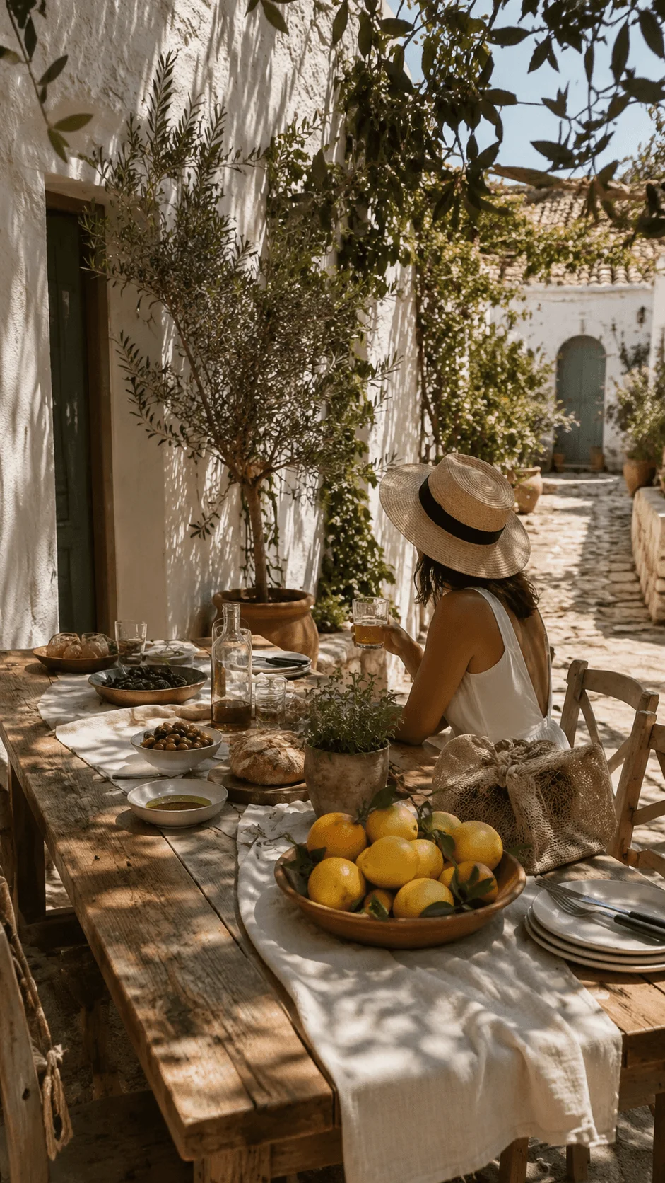 Mediterranean summer dining scene with a woman in a straw hat, rustic wooden table, fresh lemons, bread, olives, reusable glassware, and natural greenery.