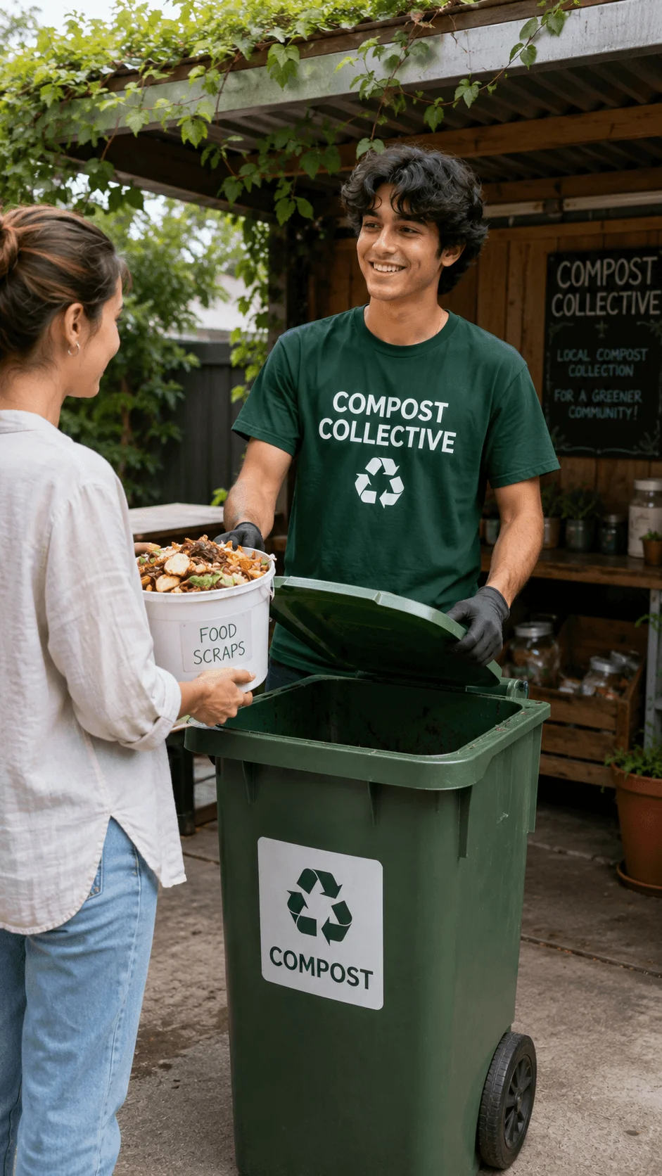 Micro compost collection service with a student collecting food scraps from a local customer for community composting