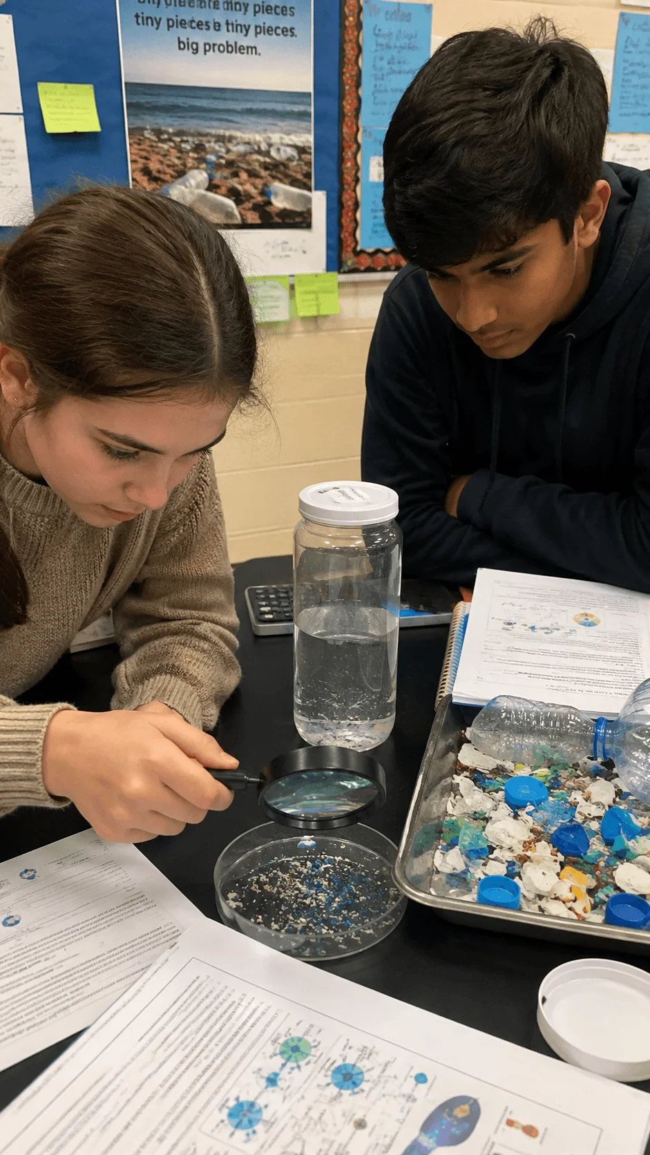 Students investigating microplastics in water samples using a magnifying glass and examining small plastic particles in a classroom experiment