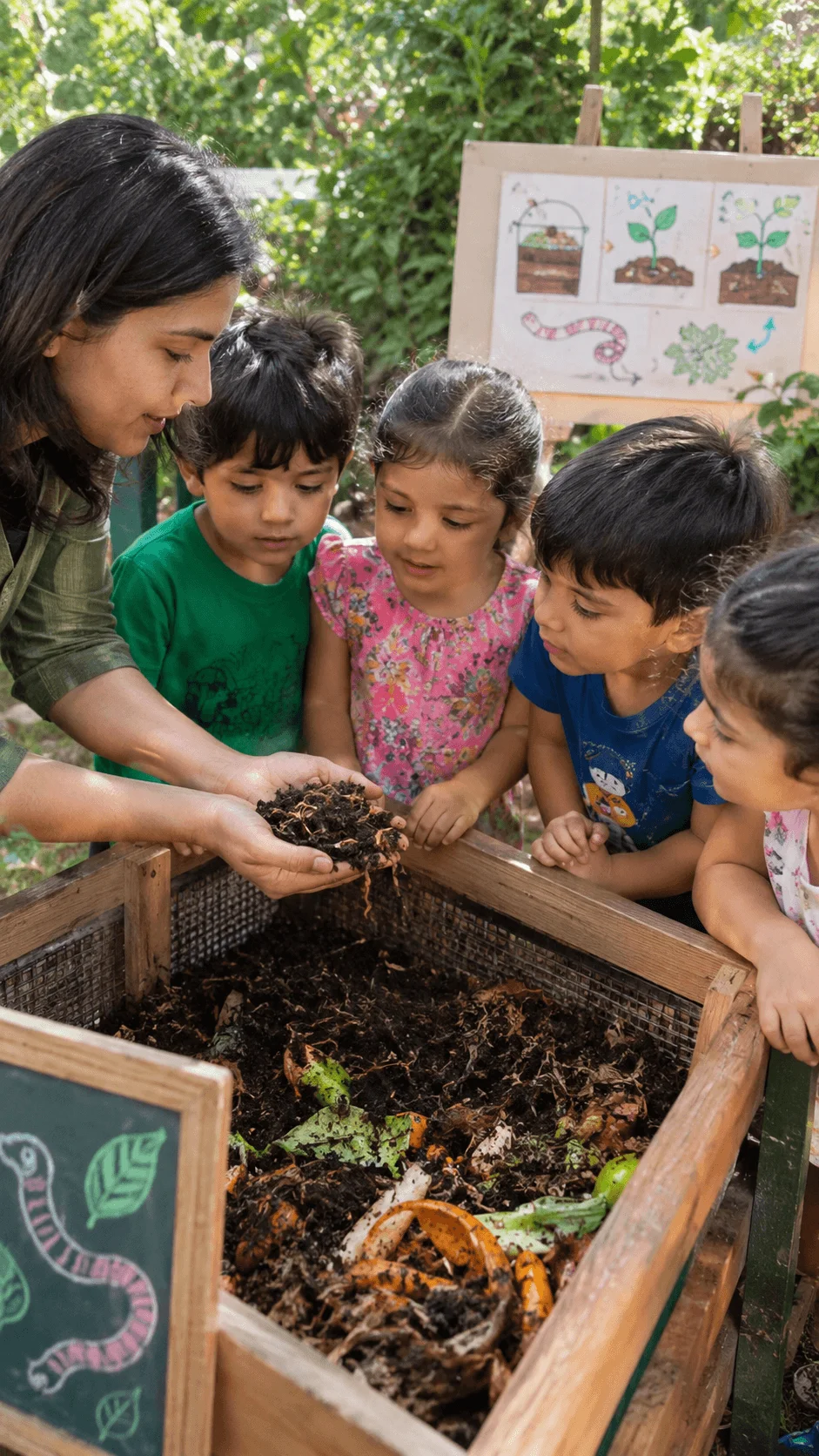Children observing a compost bin with an adult during an outdoor environmental education activity