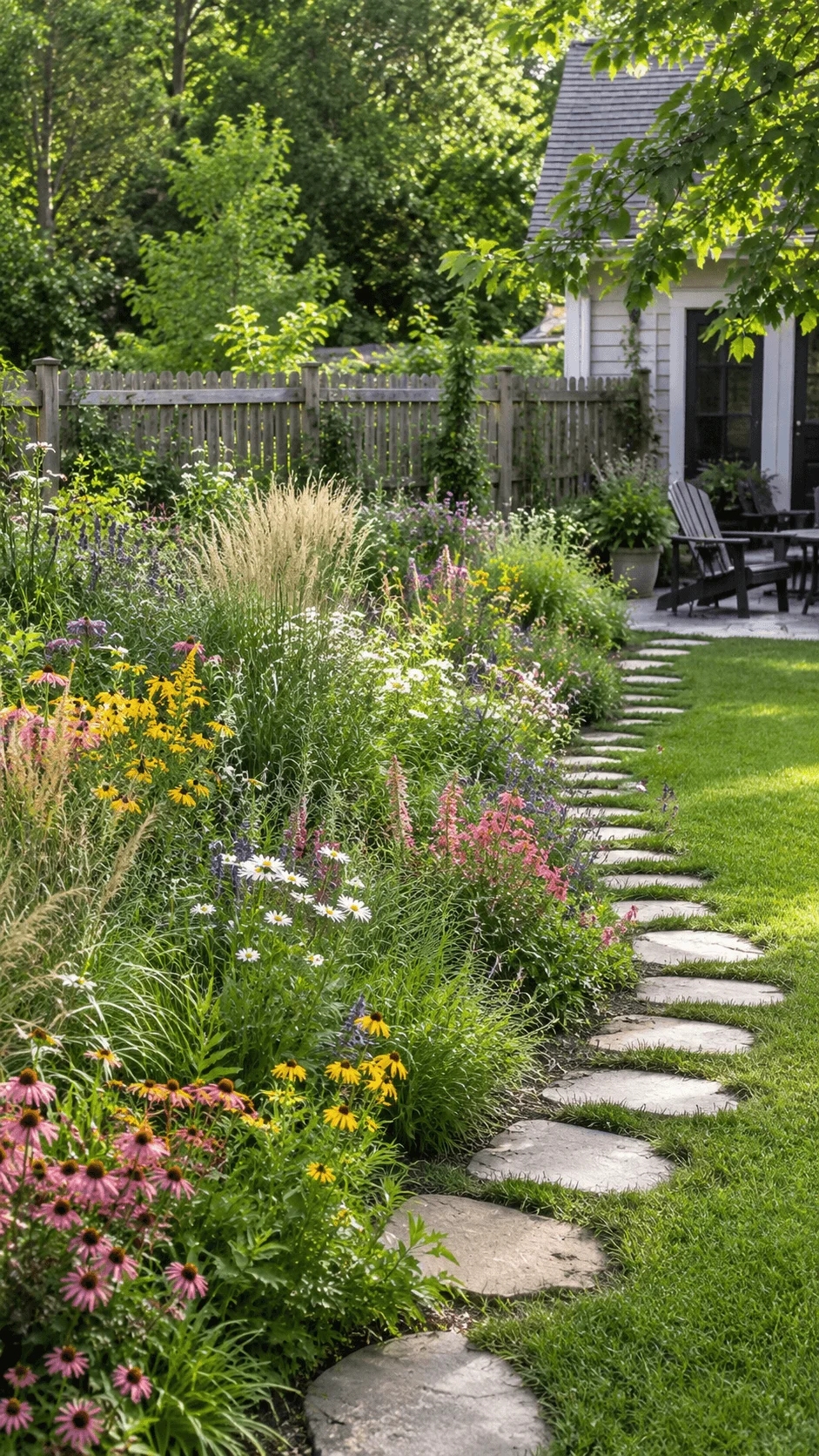 Mini meadow garden with colorful wildflowers ornamental grasses stepping stone path and lush sustainable backyard landscaping