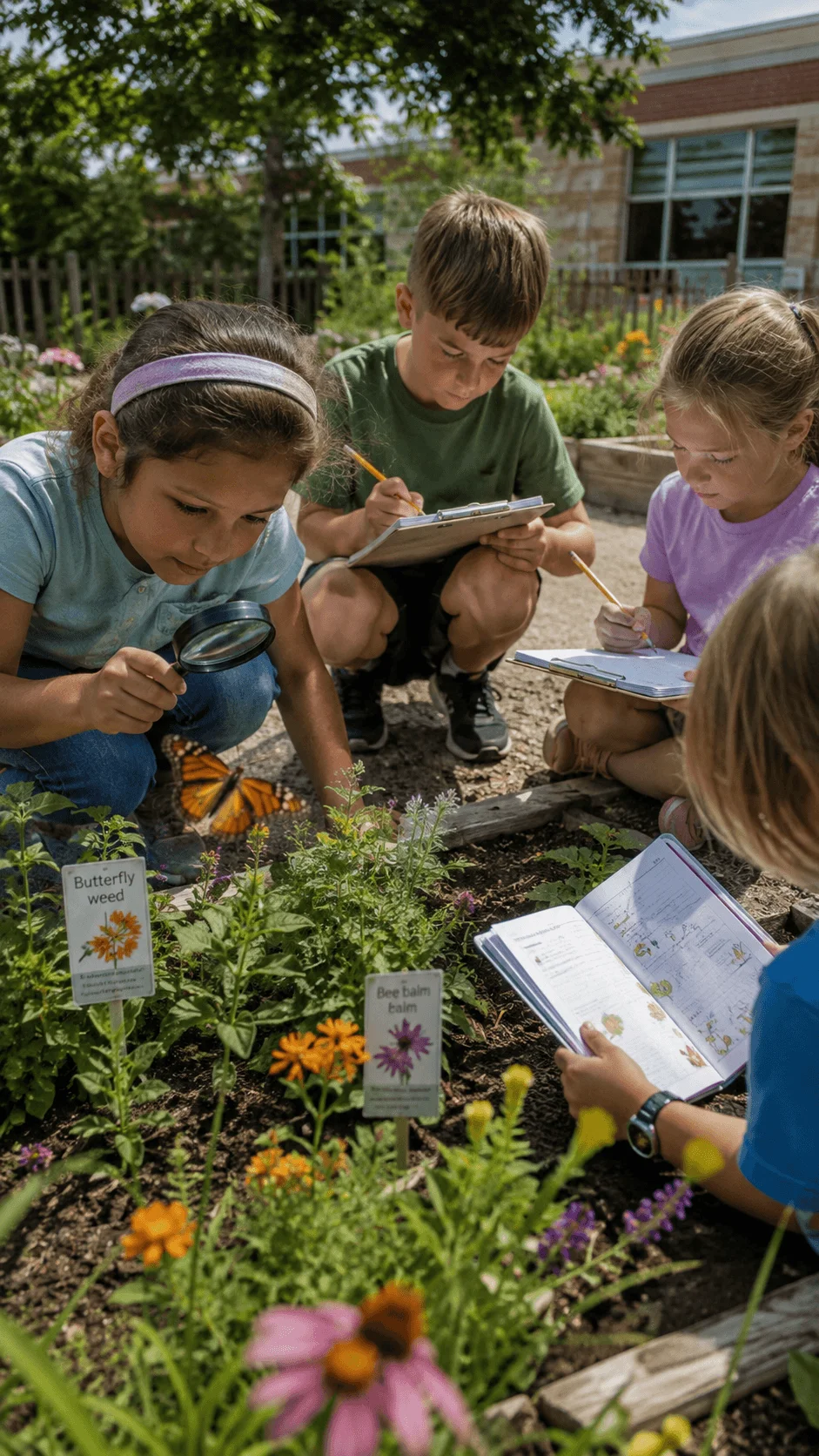 Students observing flowers and pollinators while recording biodiversity findings in a school garden