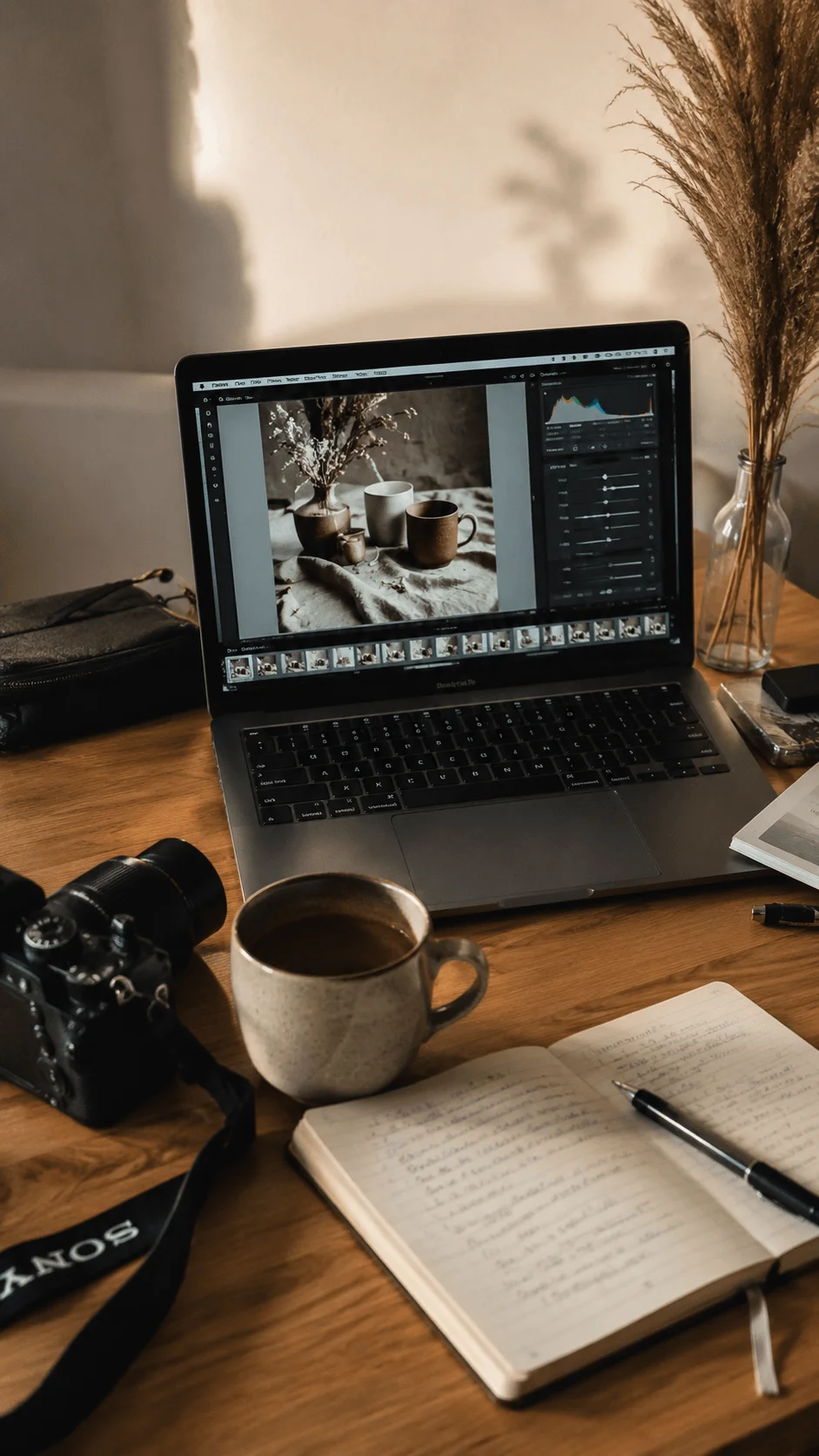 Minimal digital editing for timeless photography with a laptop displaying photo editing software, camera, notebook, coffee cup, and natural decor on a wooden desk.